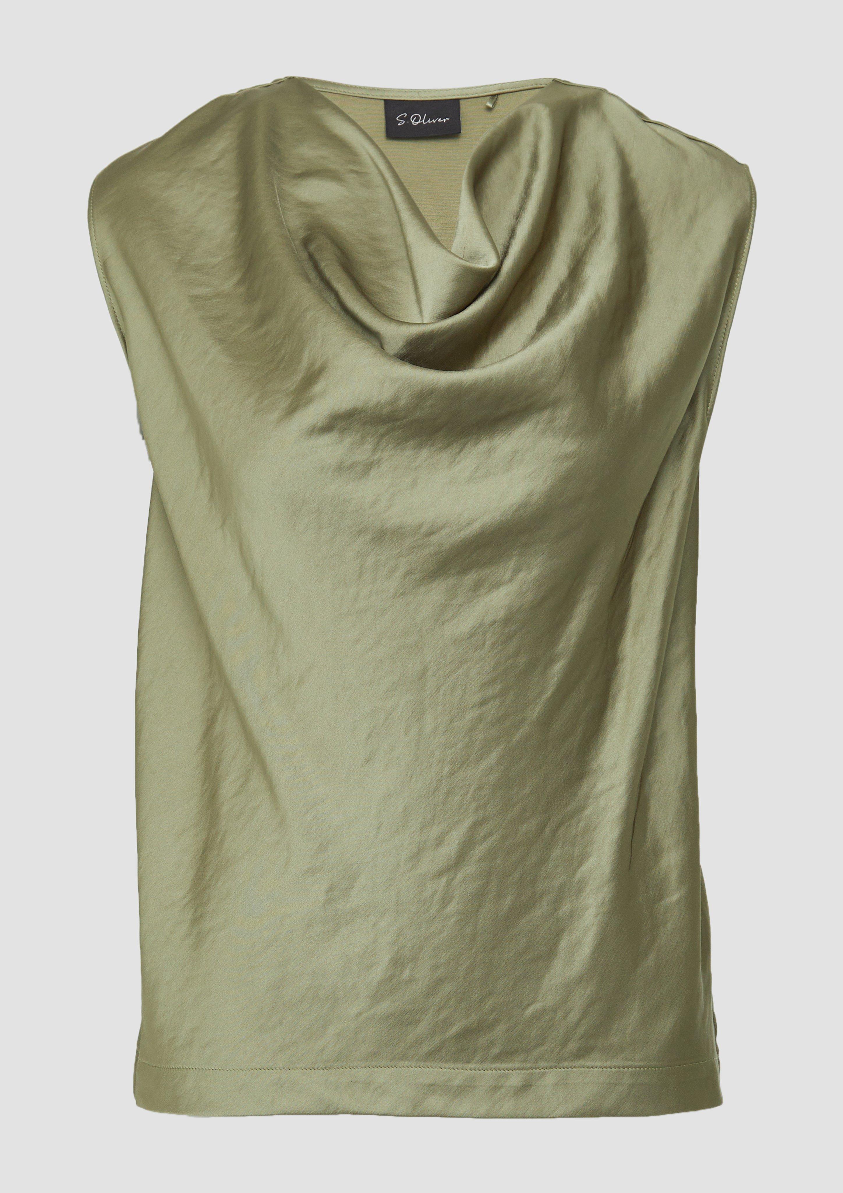 s.Oliver - Ärmellose Satinbluse mit Wasserfall-Ausschnitt, Damen, Grün