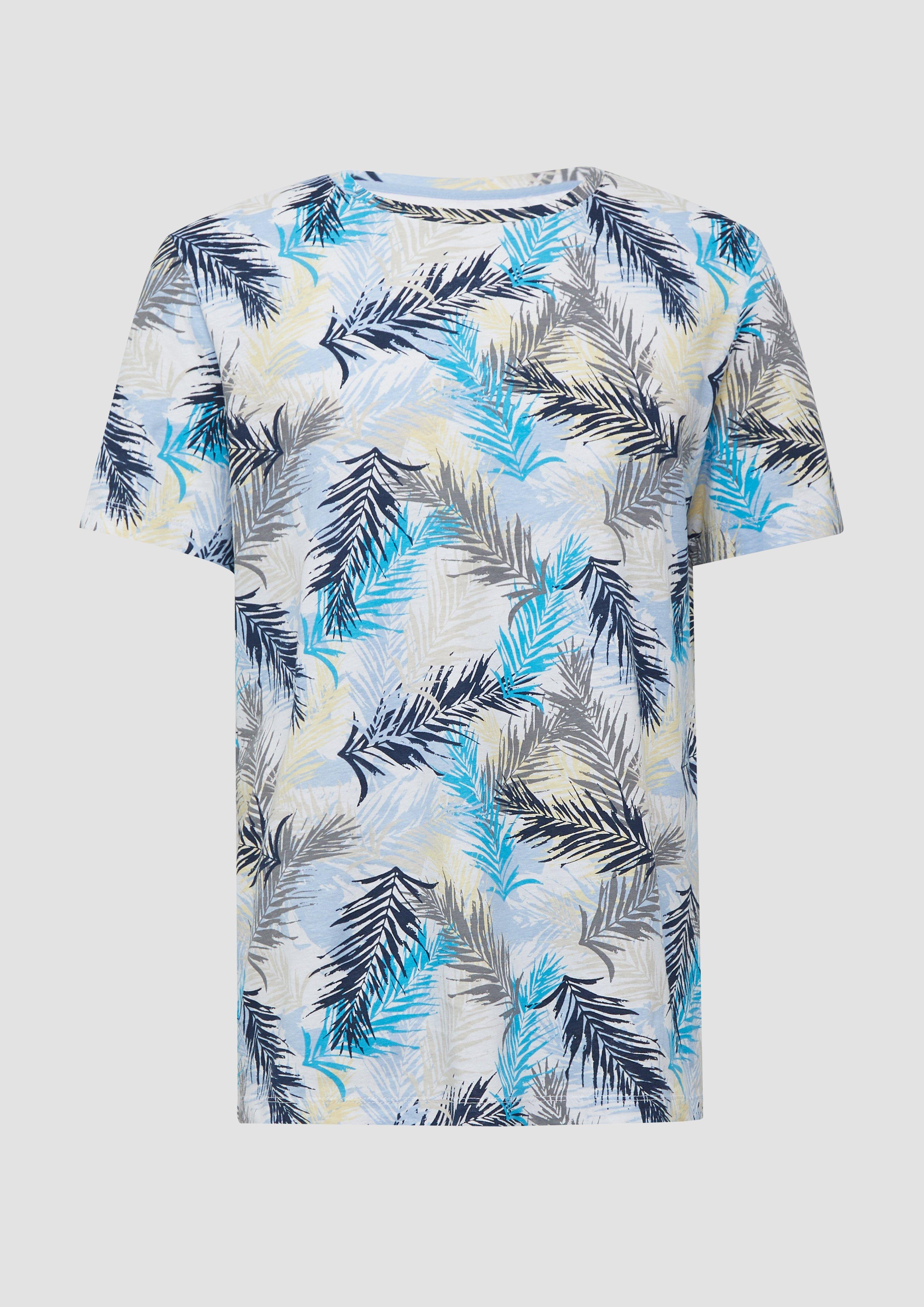 s.Oliver - T-Shirt aus Leinenmix mit All-over-Print, Herren, blau