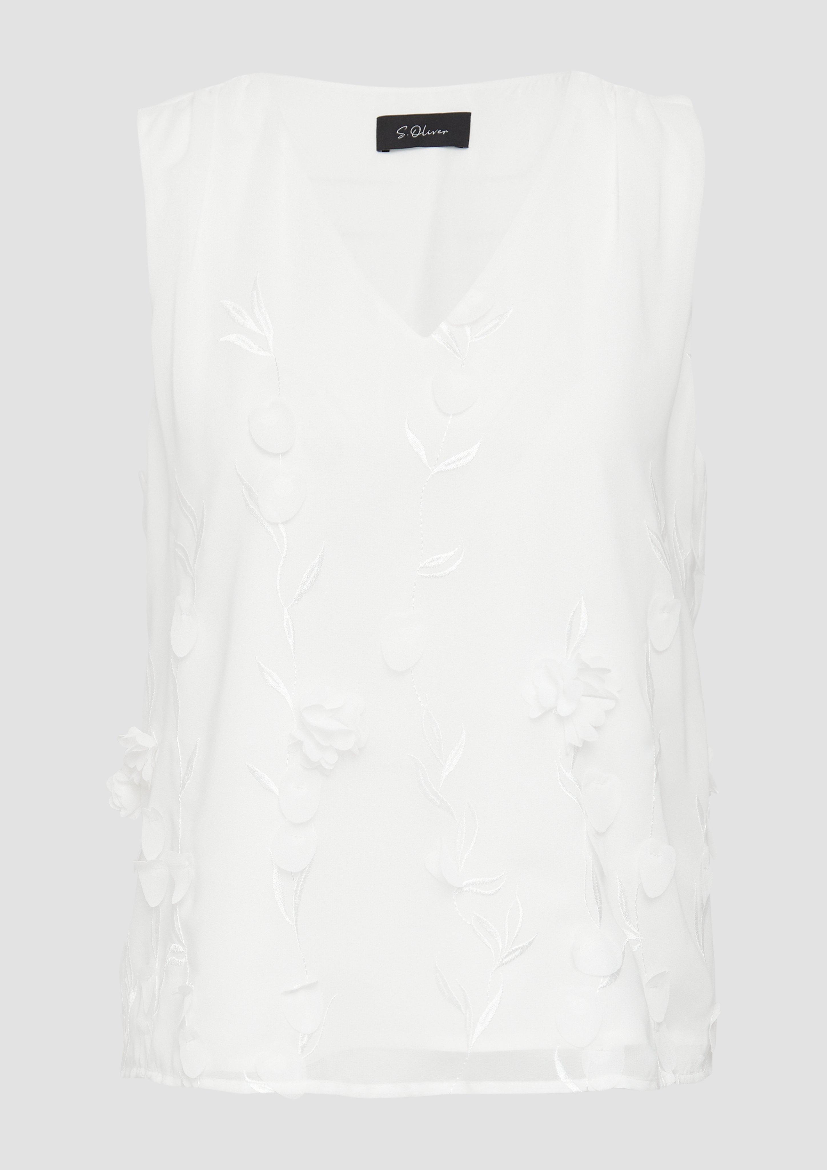 s.Oliver - Ärmellose Bluse mit V-Ausschnitt und floralen Applikationen, Damen, creme