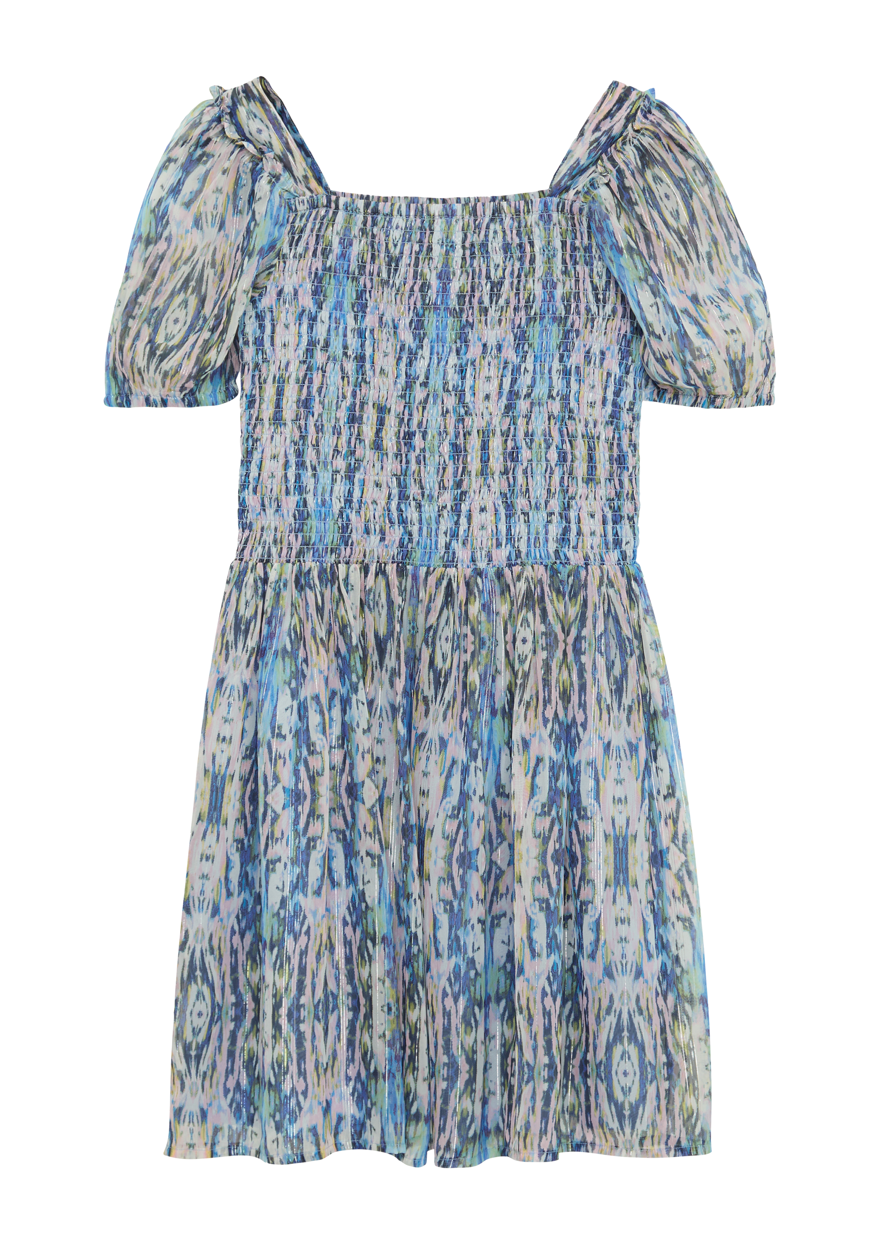 s.Oliver - Kurzes Kleid aus Chiffon mit Glitzergarn und Smok-Detail, Mädchen, creme|mehrfarbig