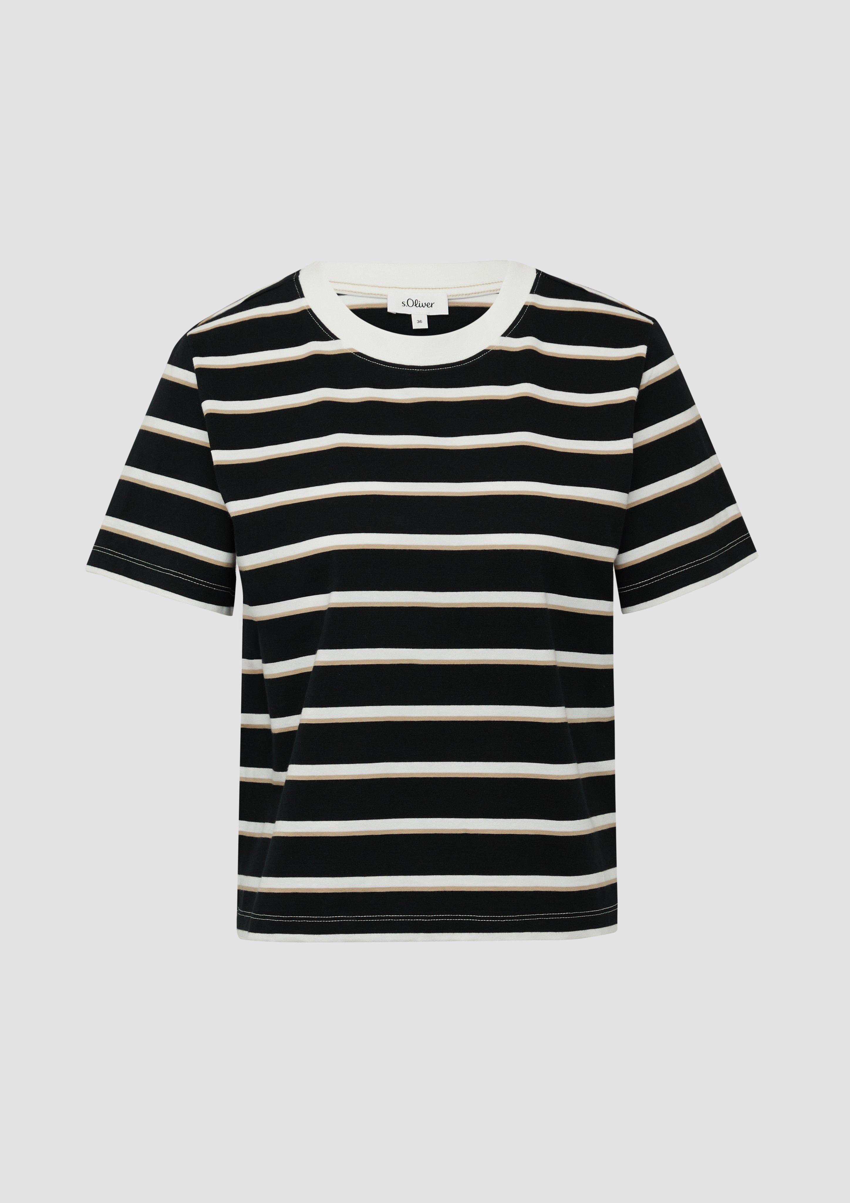 s.Oliver - Verkürztes Baumwoll-T-Shirt mit Streifen, Damen, schwarz|mehrfarbig