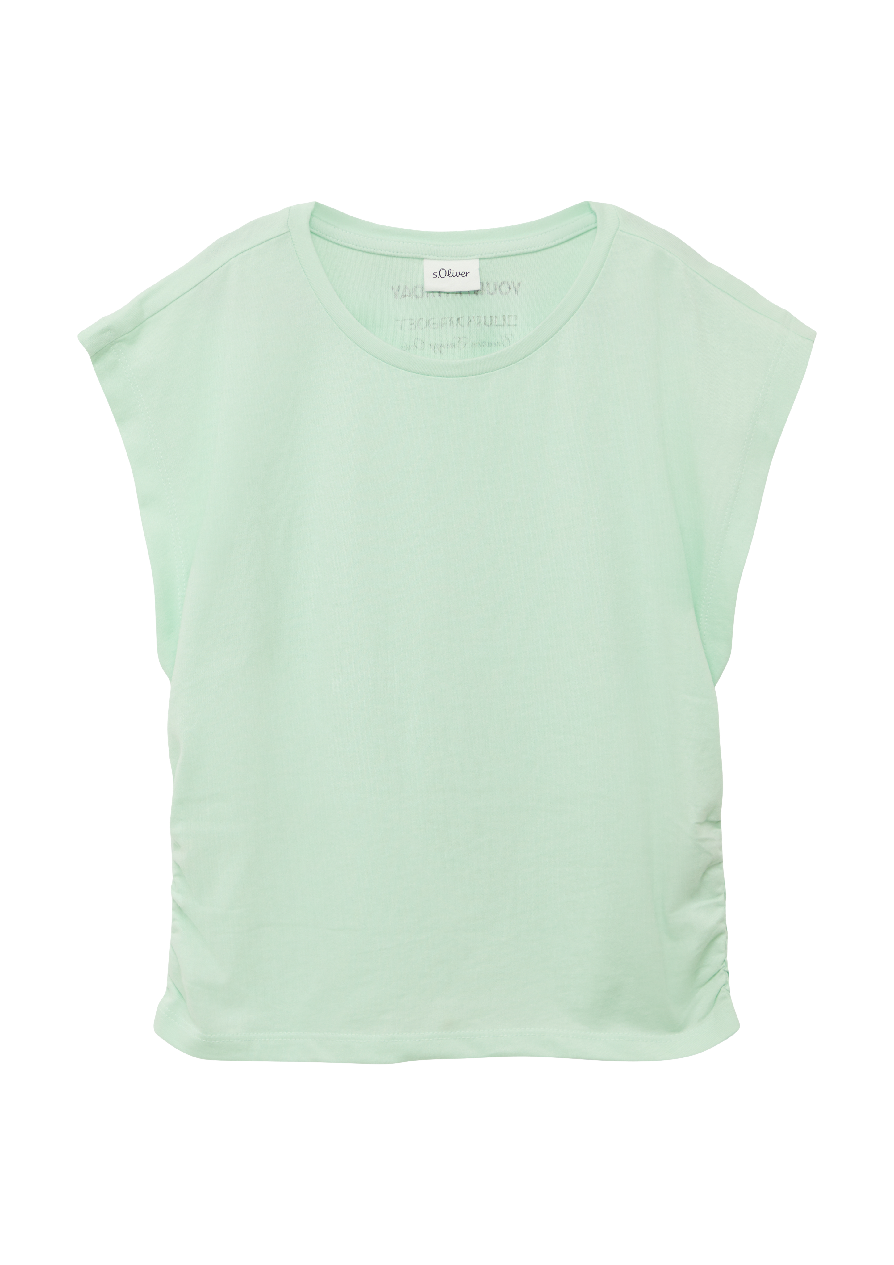 s.Oliver - Jersey-Shirt im V-Shape mit Raffung und Printdetail, Mädchen, türkis