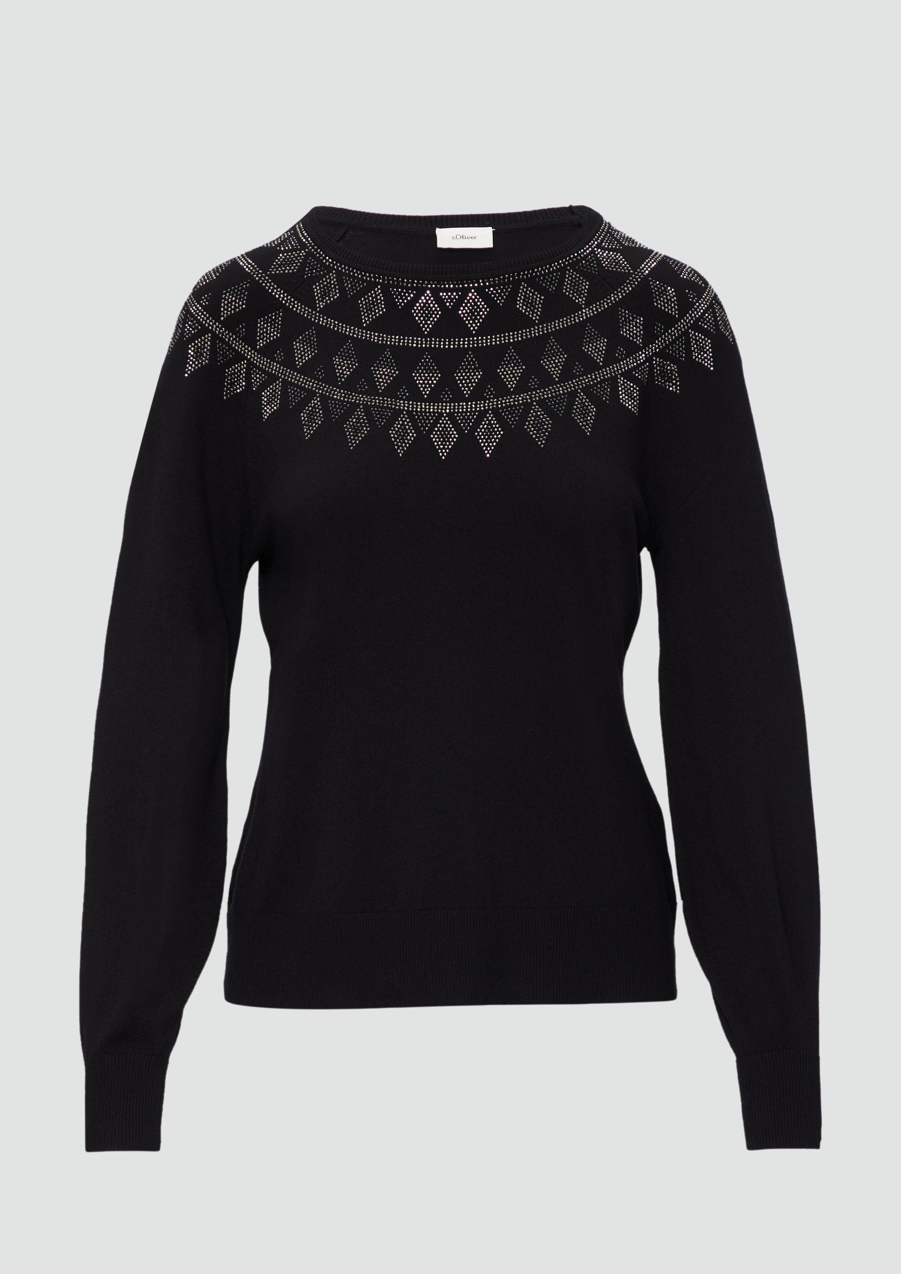 s.Oliver - Feinstrickpullover mit Strass-Details, Damen, schwarz