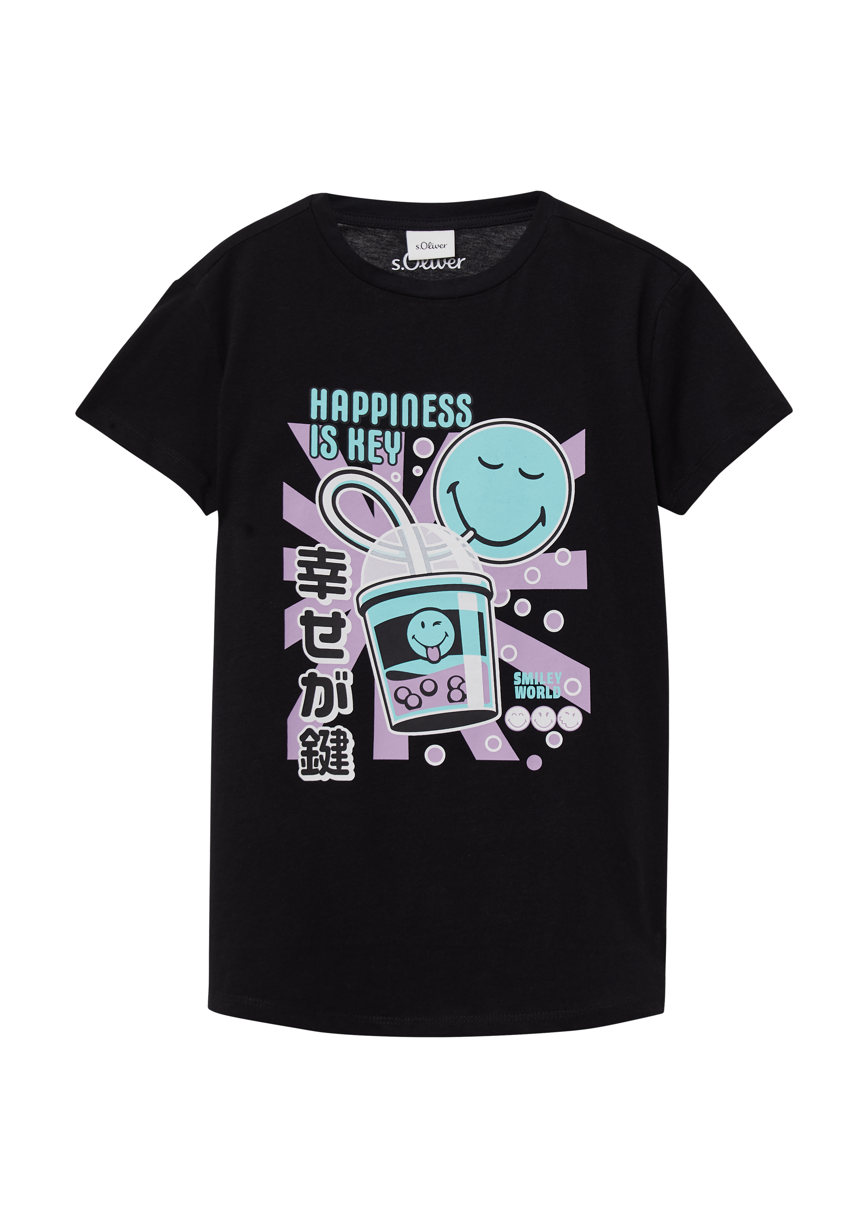 s.Oliver - T-Shirt im Loose Fit mit Smiley®-Print, Mädchen, schwarz