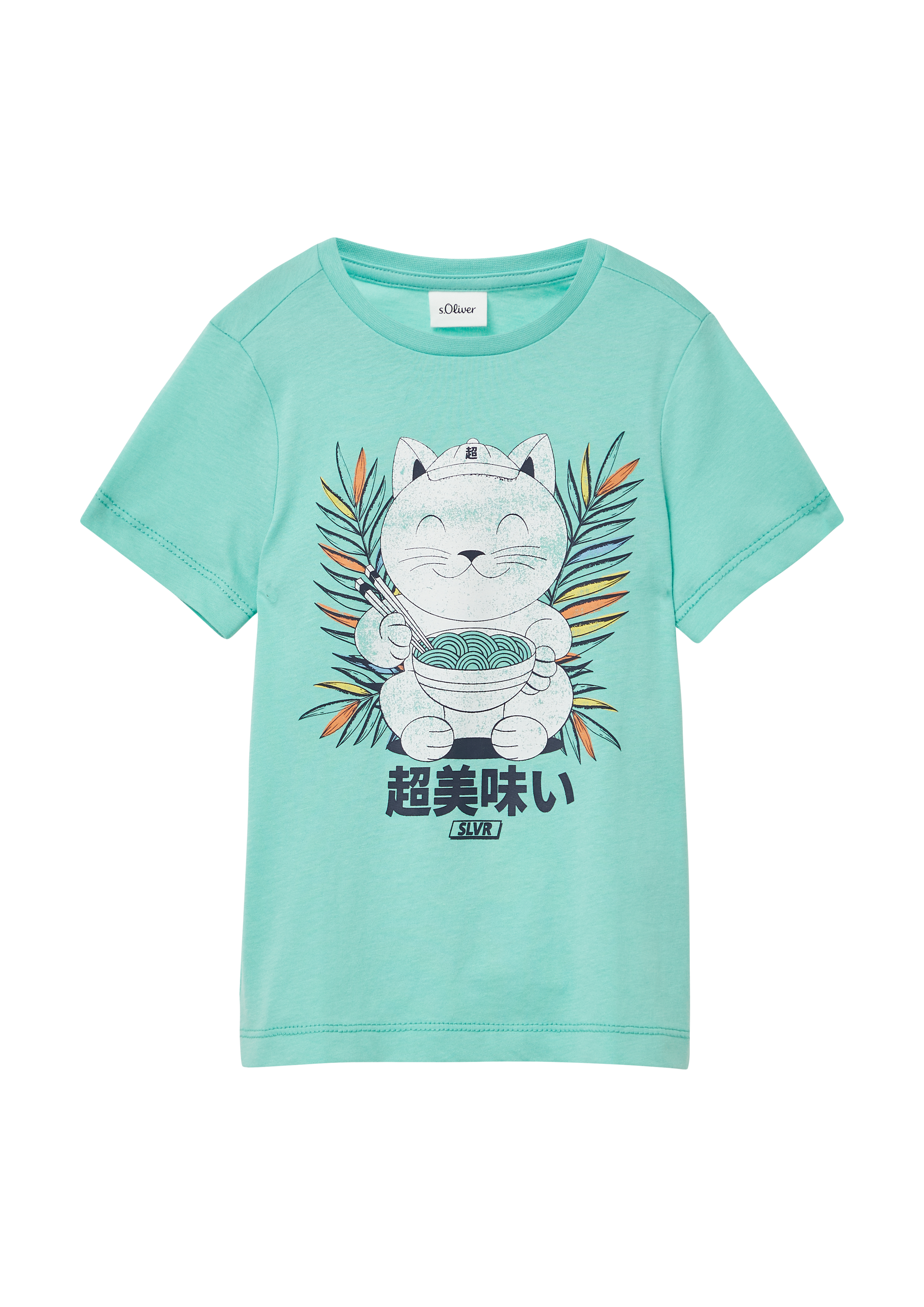 s.Oliver - Baumwoll-T-Shirt mit Frontprint und verlängertem Rückenteil, Kinder, türkis