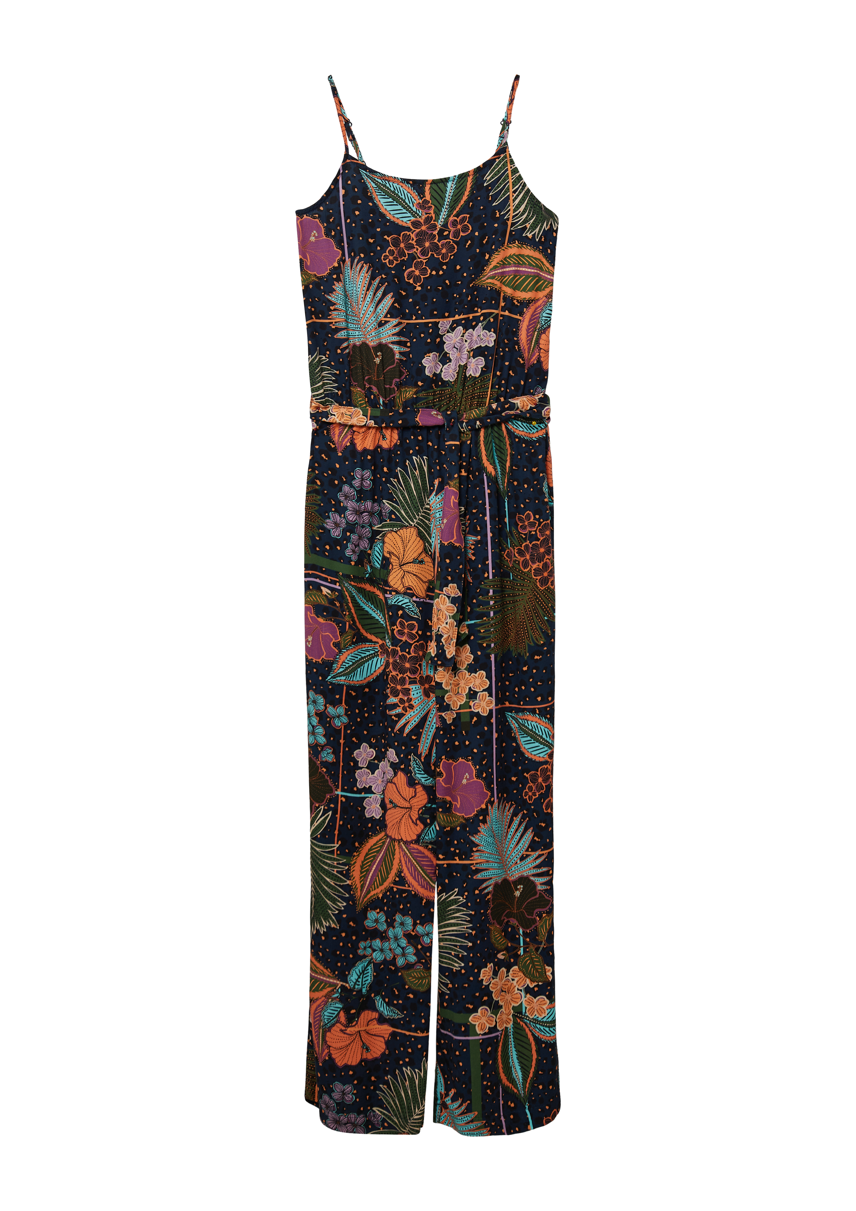 s.Oliver - Gemusterter Jumpsuit aus satinierter Viskose mit Bindegürtel, Mädchen, blau