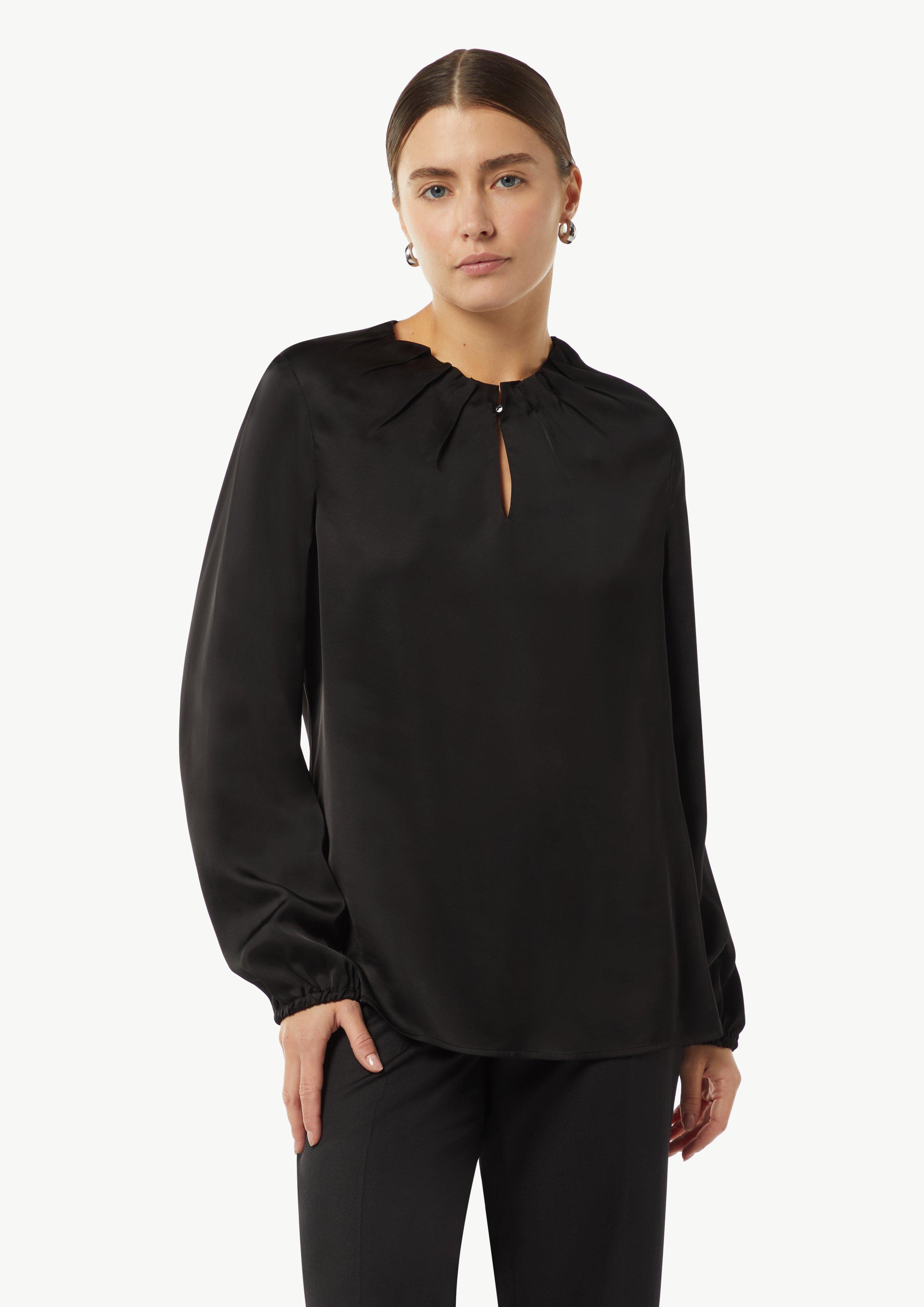 Satin blouse with a pleat detail at the neckline - black | Comma Satin blouse with a pleat detail at the neckline - black | Comma