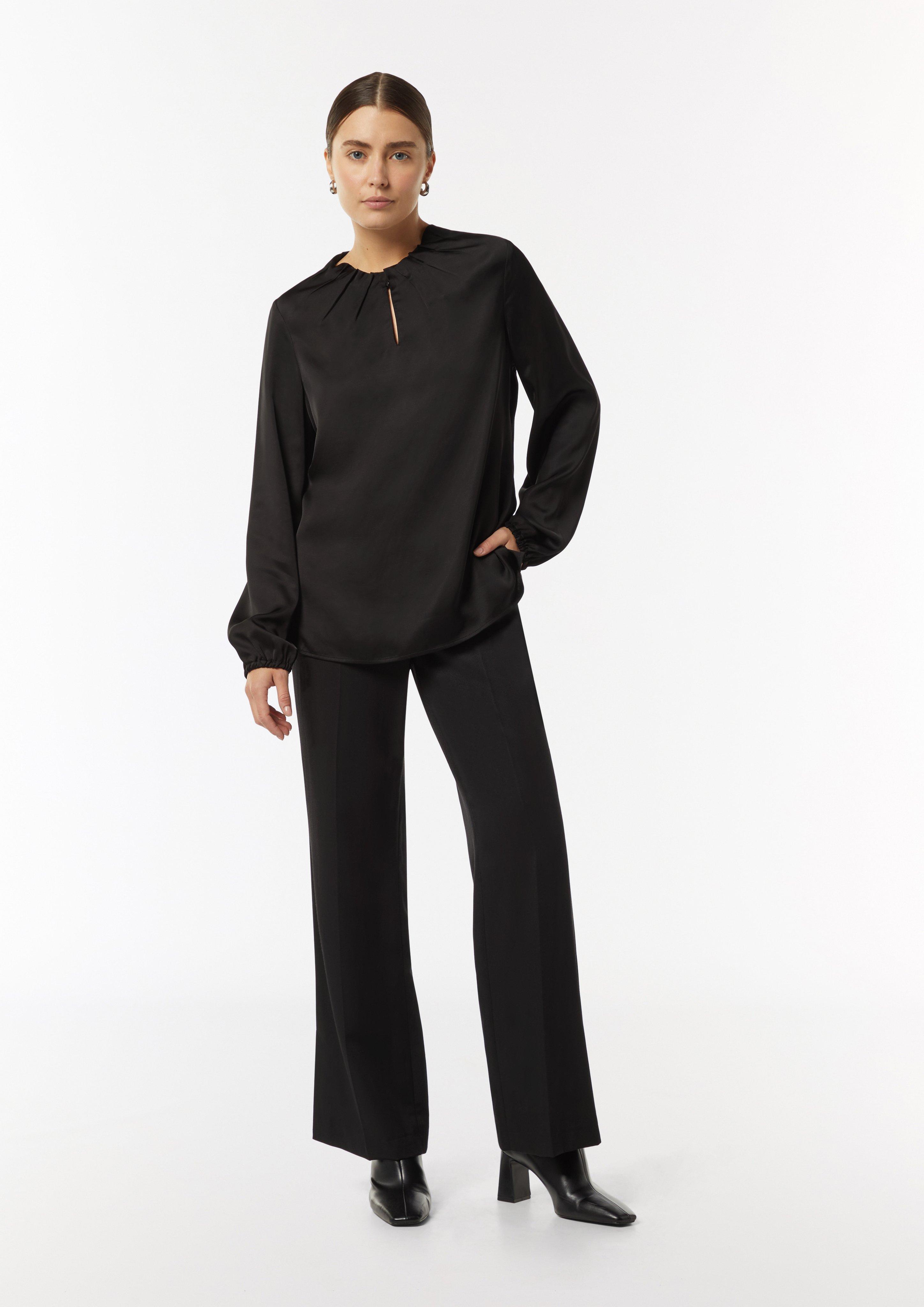 Satin blouse with a pleat detail at the neckline - black | Comma Satin blouse with a pleat detail at the neckline - black | Comma
