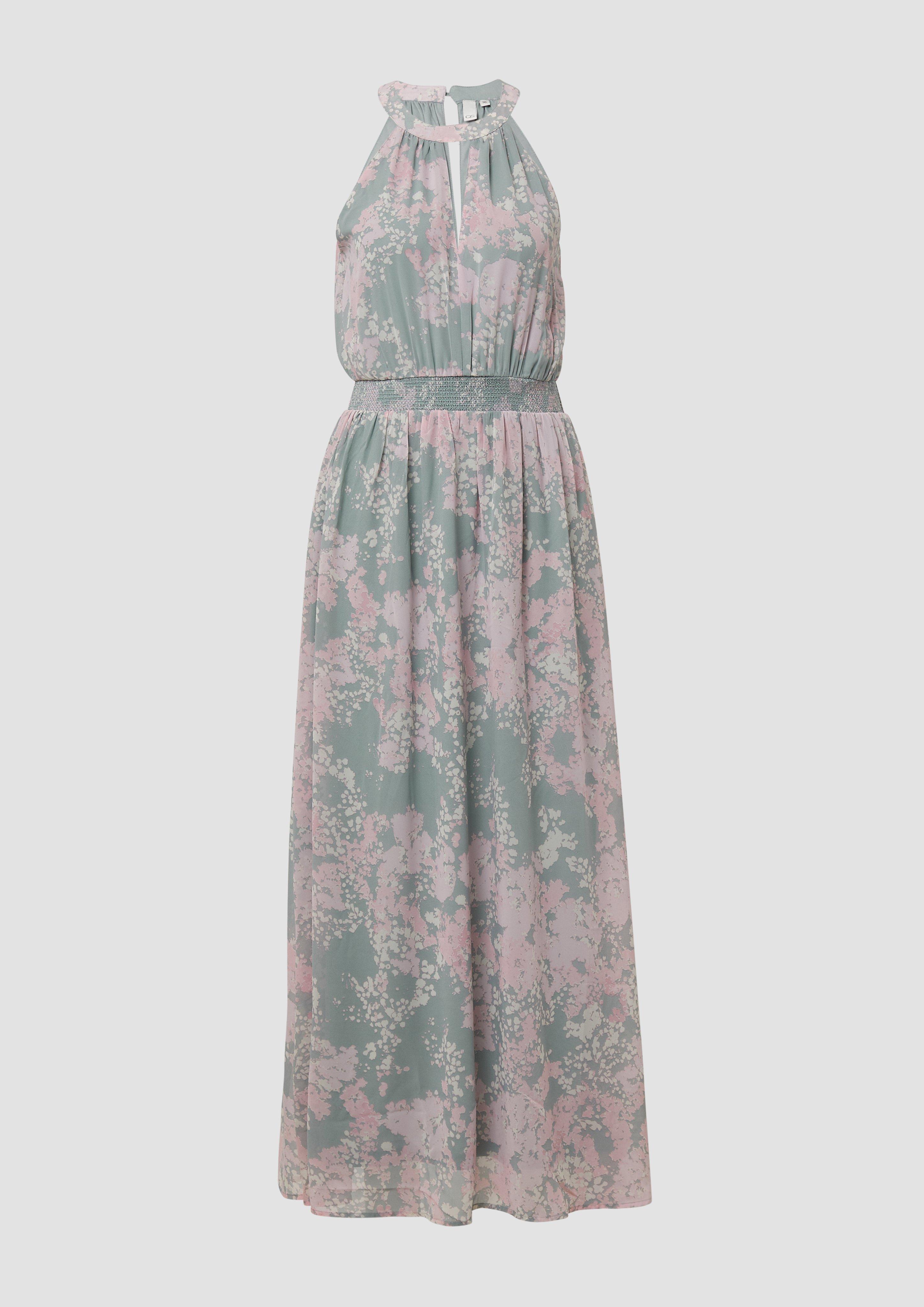 QS - Langes Chiffonkleid mit Smok-Detail, Damen, grün