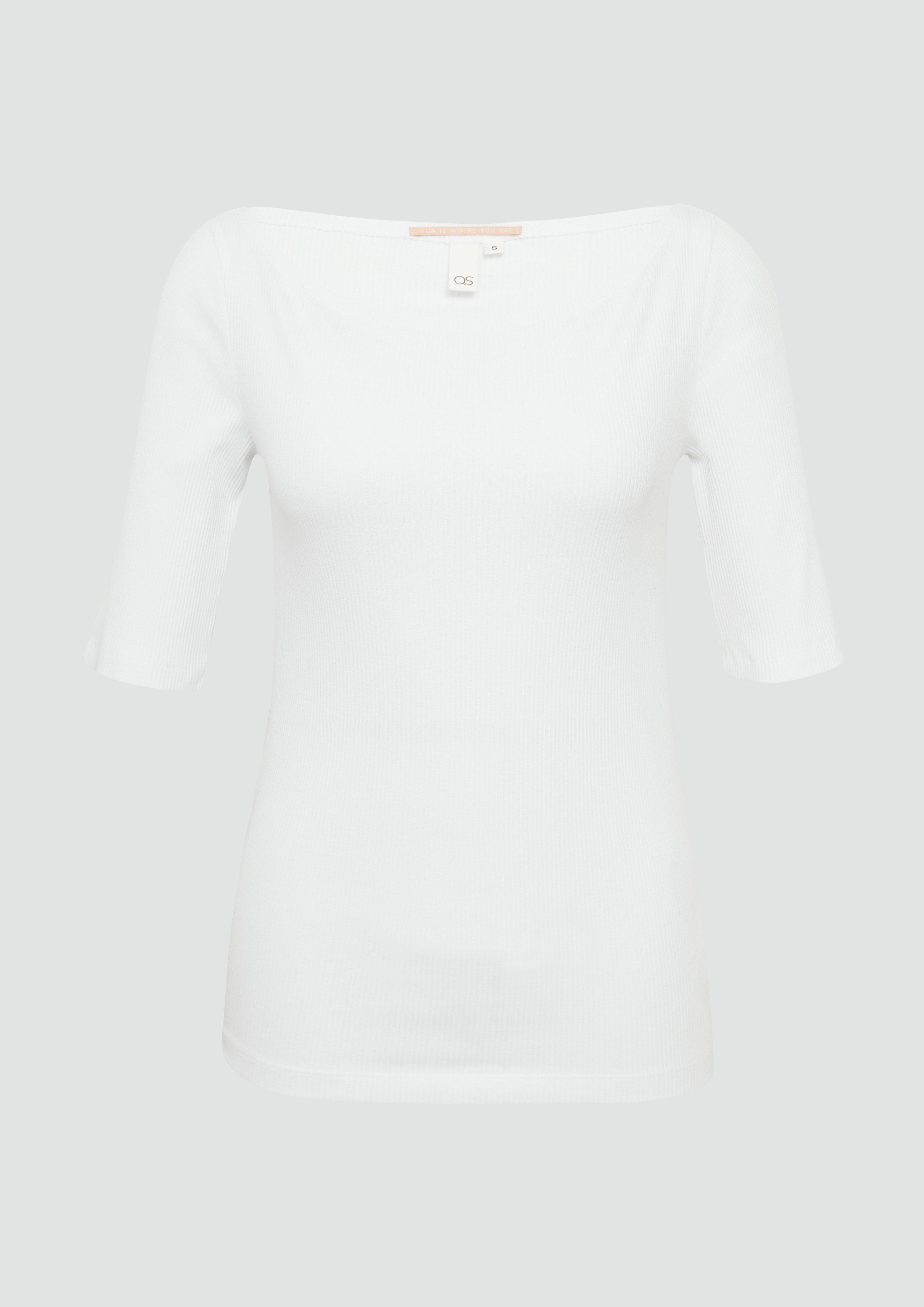 QS - Schmales Rippshirt mit U-Boot Ausschnitt, Damen, weiß