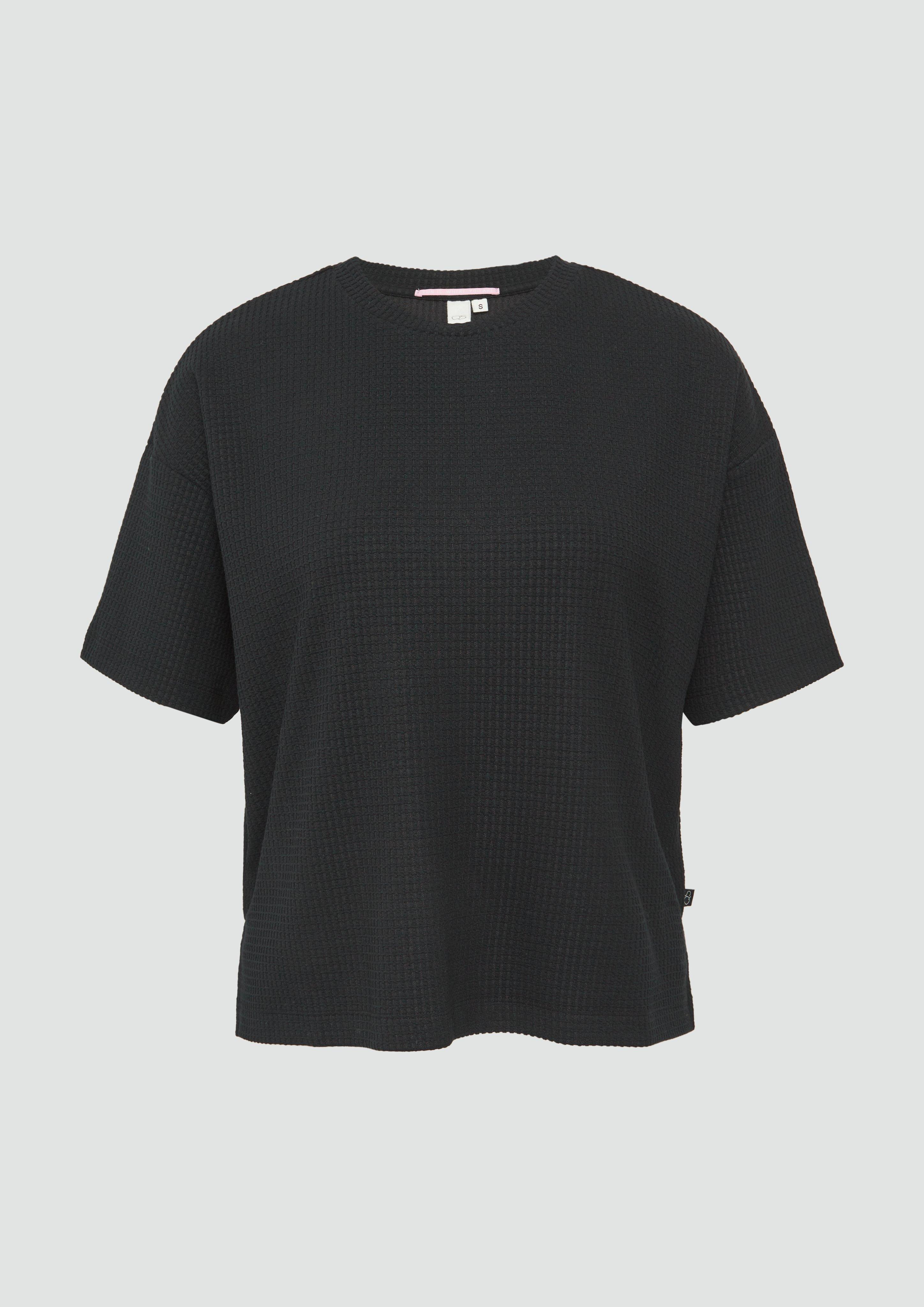 QS - Rundhalsshirt mit überschnittener Schulter aus einer strukturierten Ware, Damen, schwarz