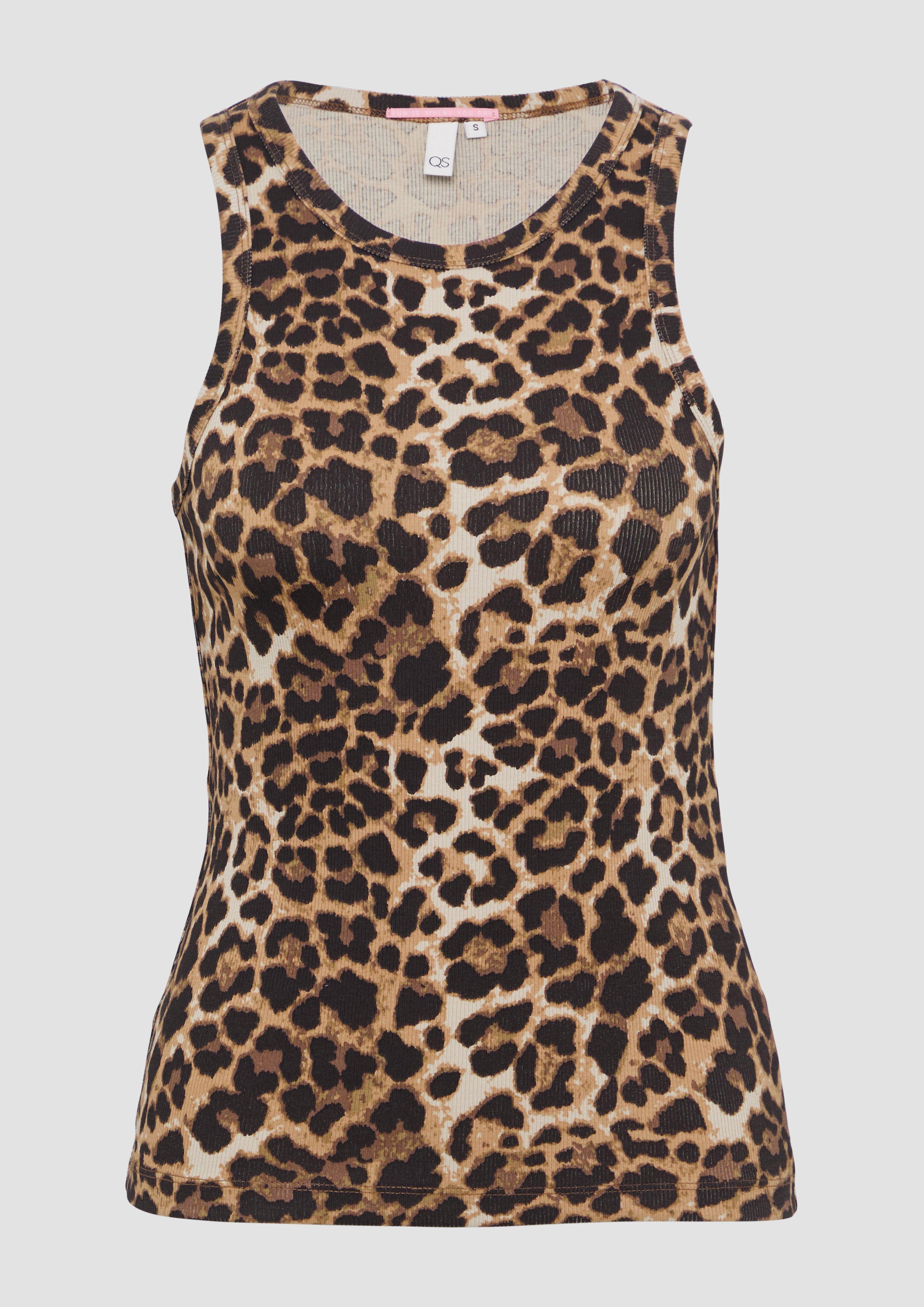 QS - Geripptes Tanktop mit All-over-Print, Damen, schwarz