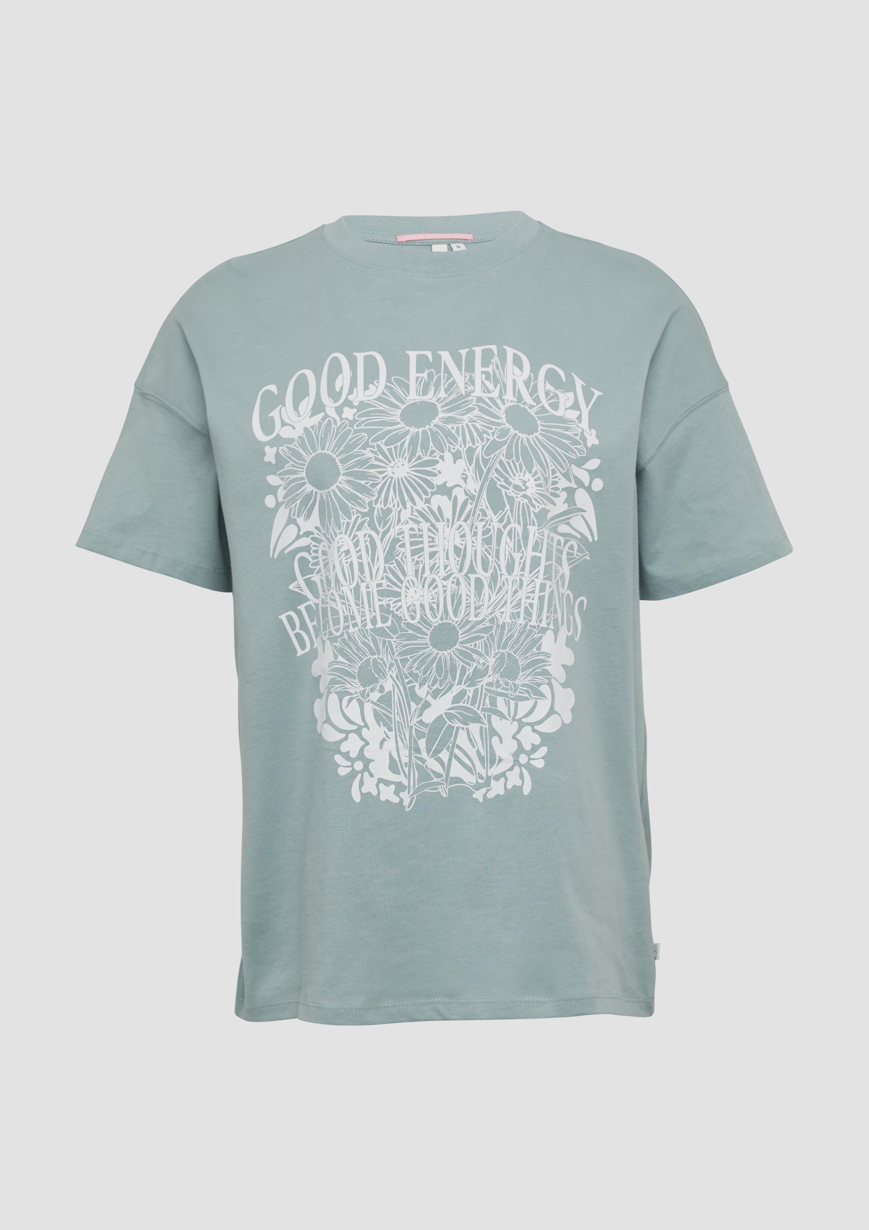 QS - Baumwollshirt mit Frontprint und überschnittener Schulter, Damen, grün