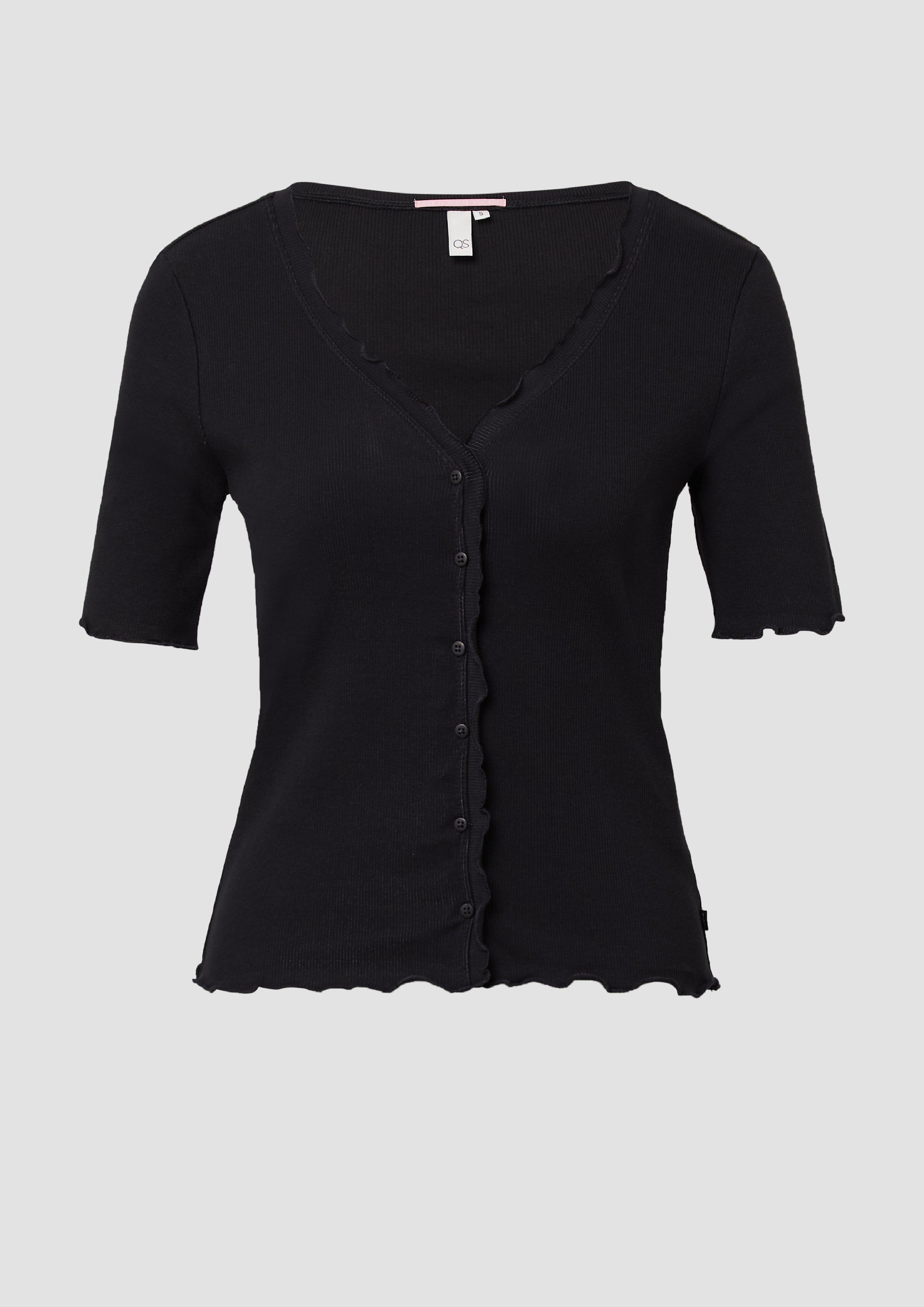 QS - Rippshirt mit Babylock-Kanten und Knopf-Detail, Damen, schwarz