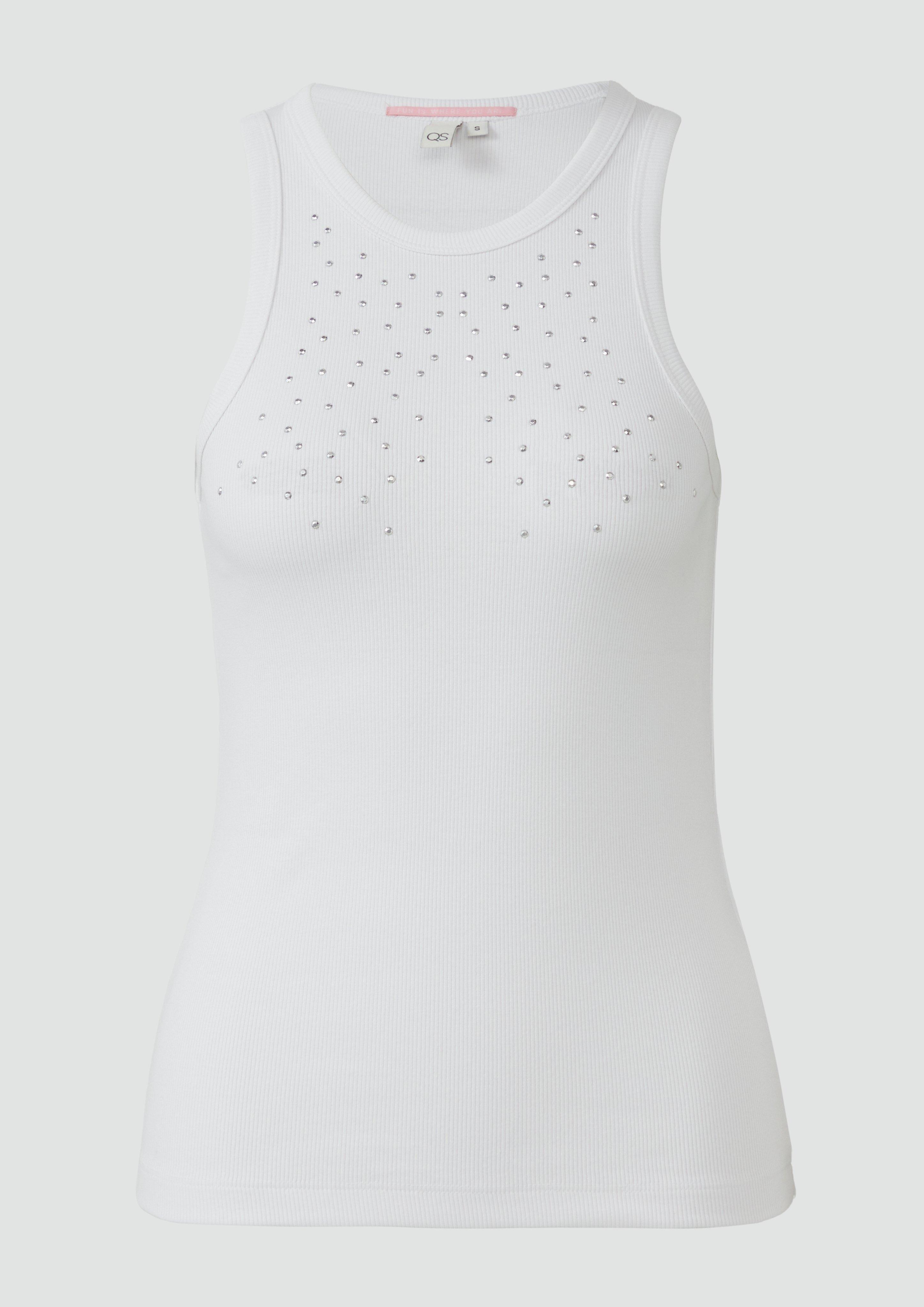 QS - Geripptes Tanktop mit Schmucksteine, Damen, weiß