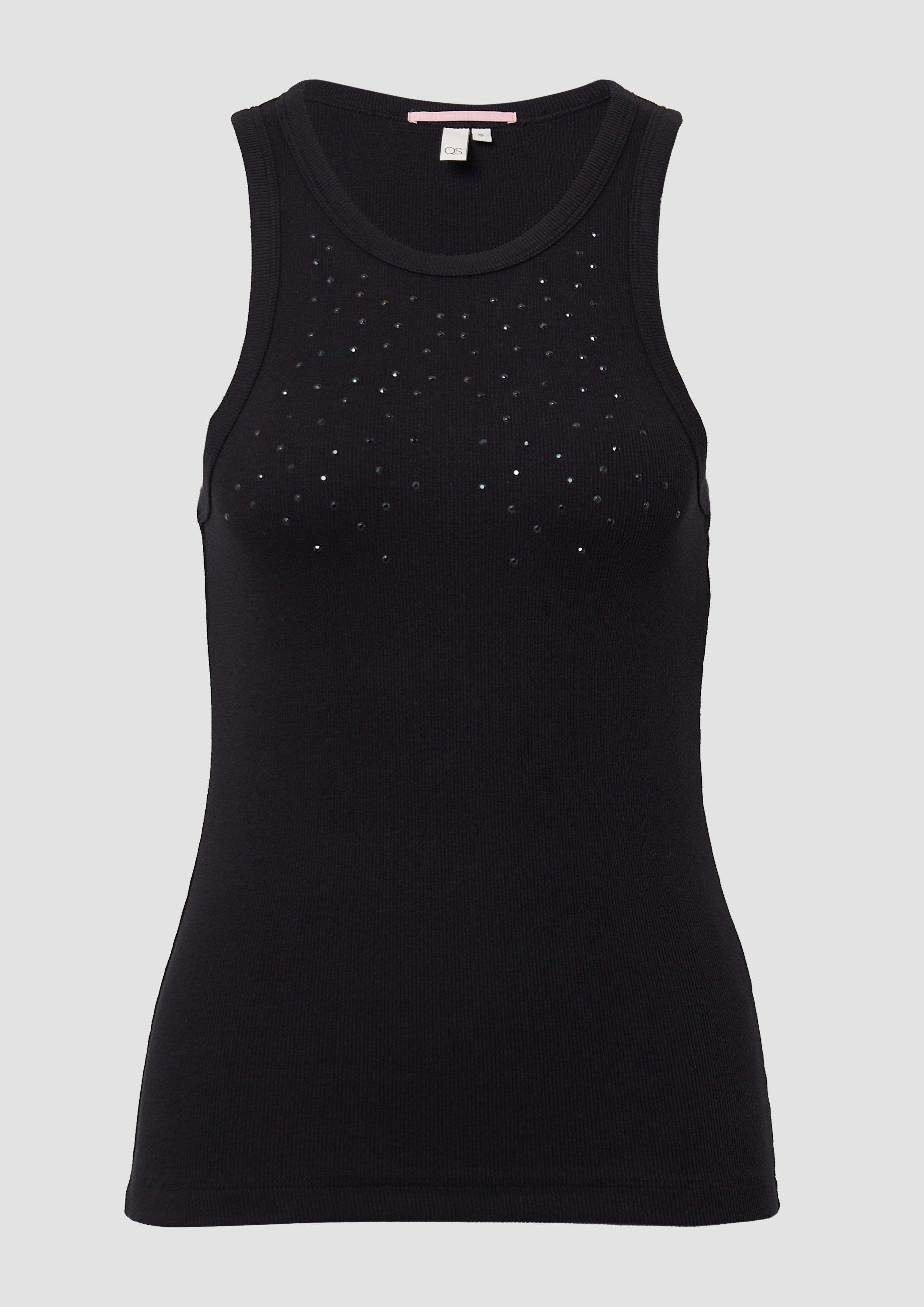 QS - Geripptes Tanktop mit Schmucksteine, Damen, schwarz