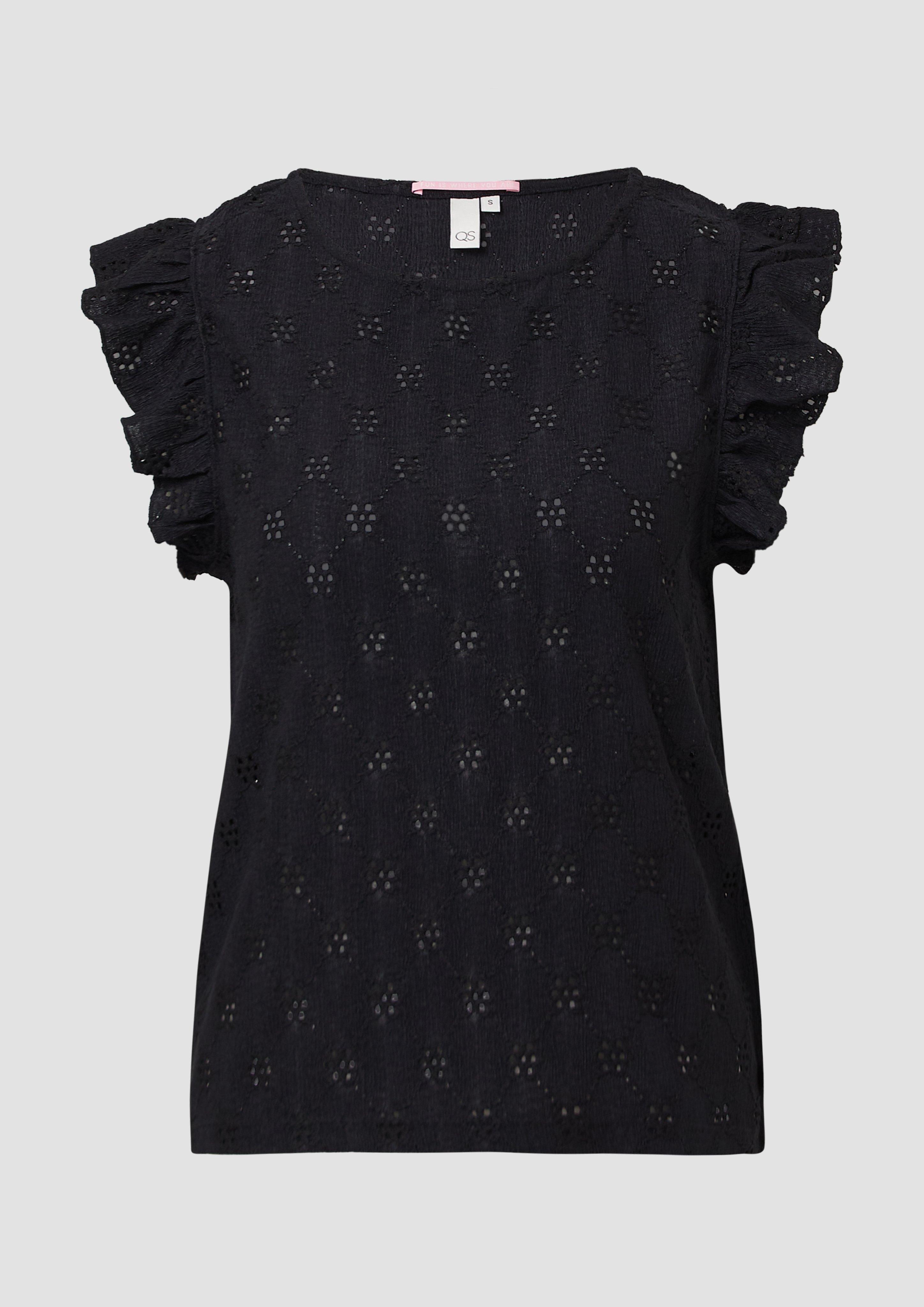 QS - Top mit Lochstickerei und Volant am Arm, Damen, schwarz