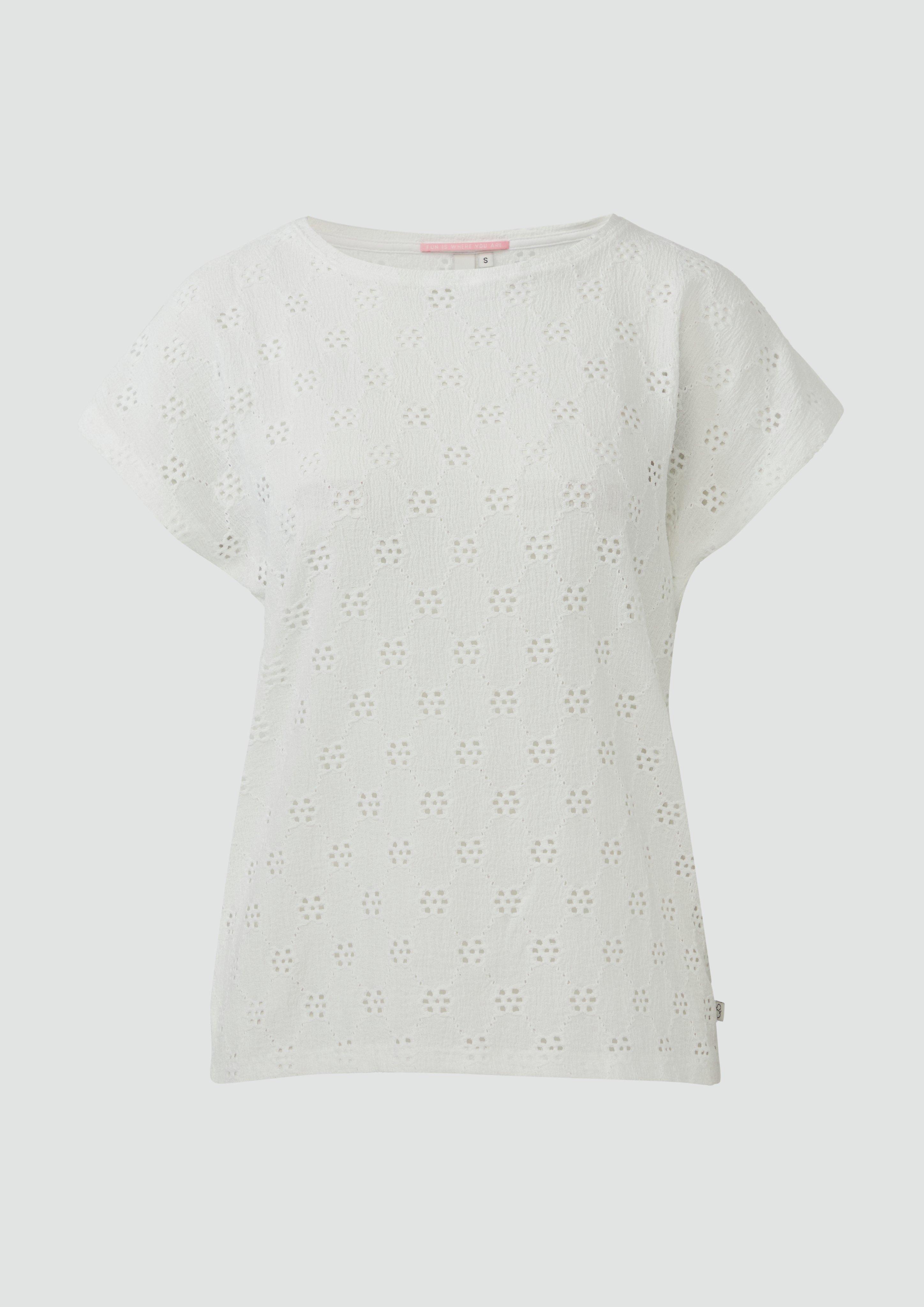 QS - Shirt mit Lochstickerei, Damen, weiß