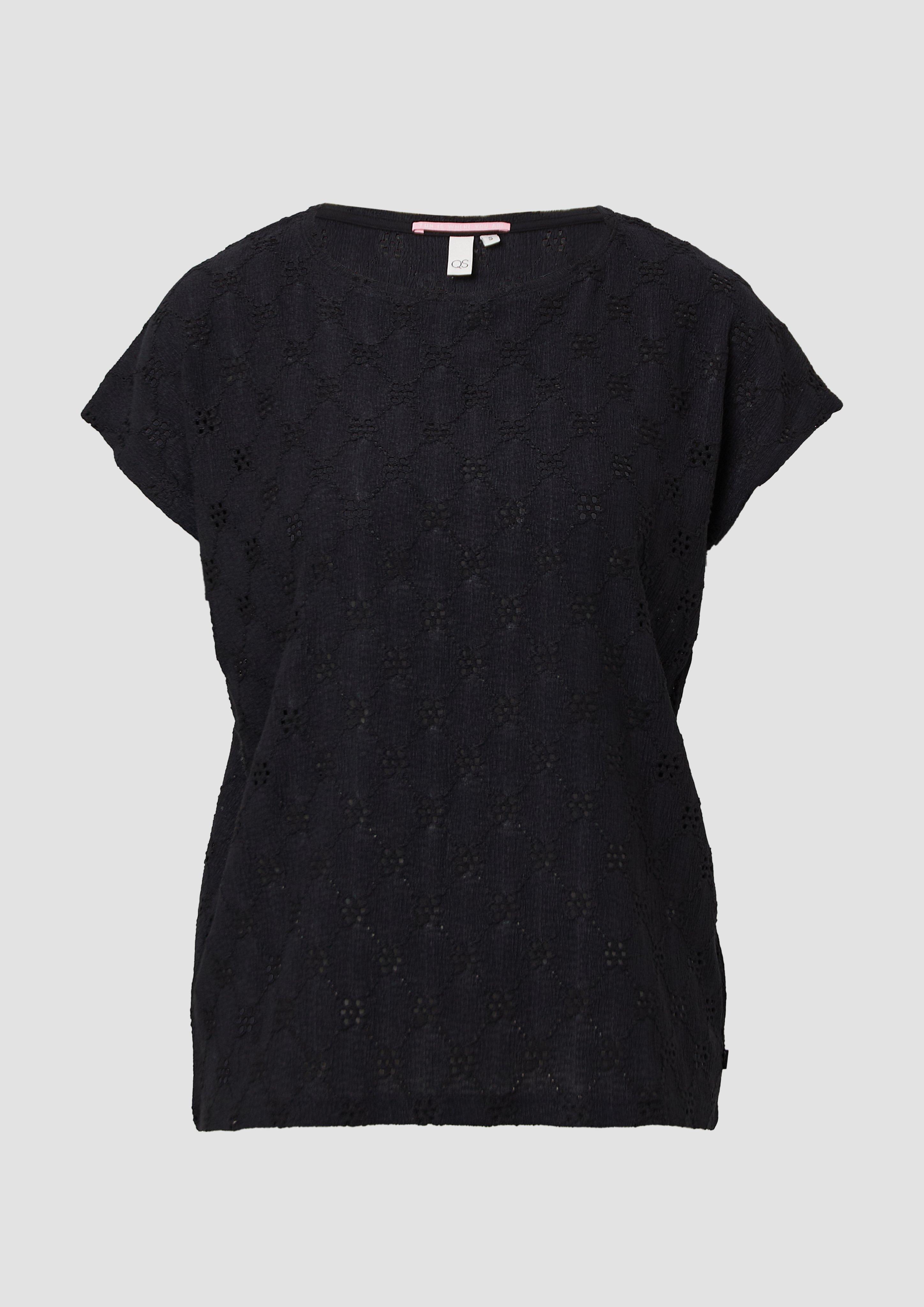 QS - Shirt mit Lochstickerei, Damen, schwarz