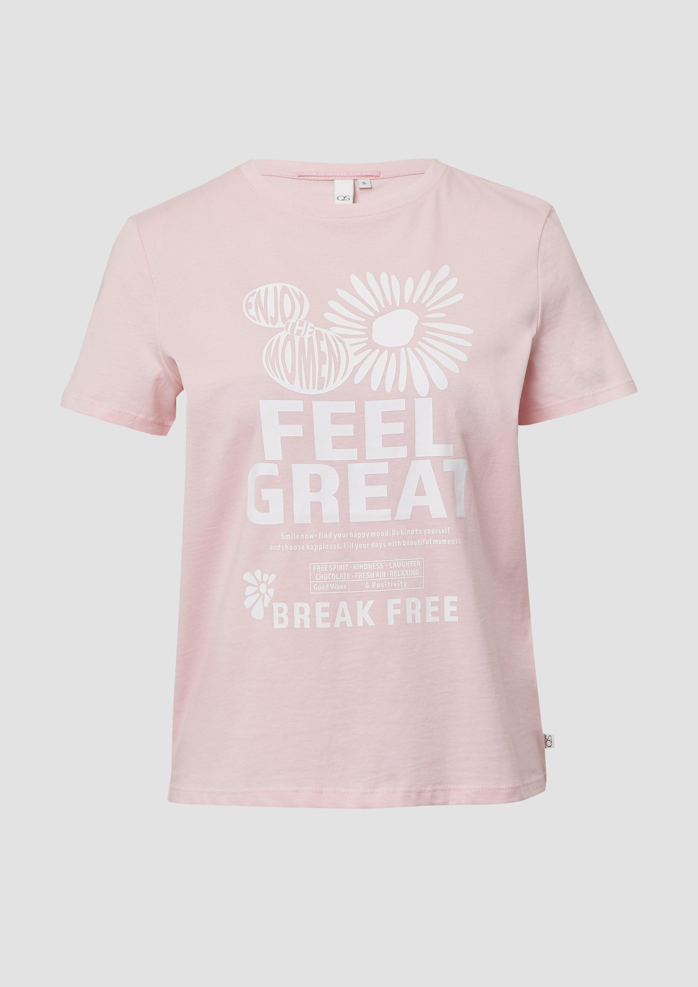QS - Baumwollshirt mit Frontprint, Damen, Rosa