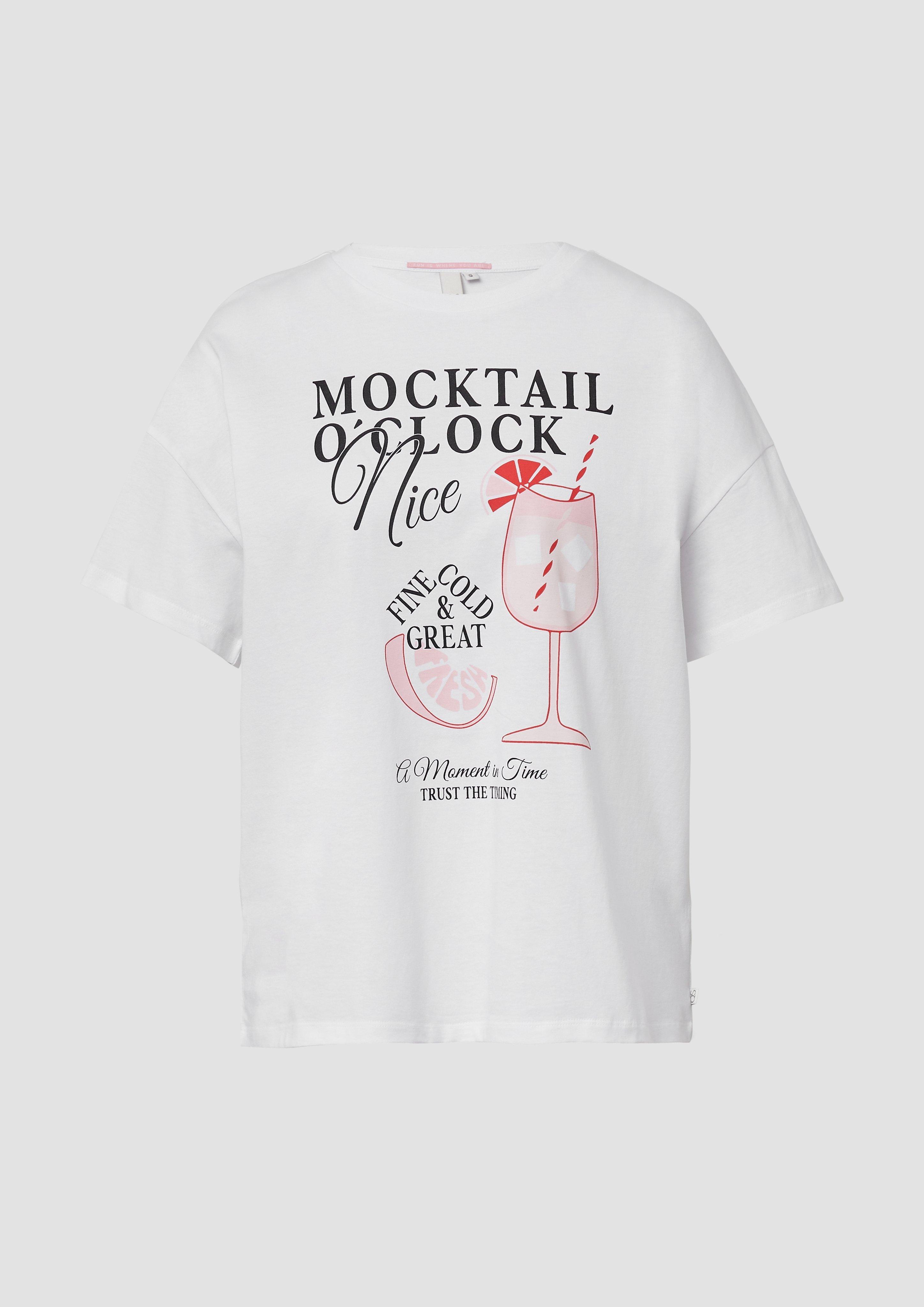 QS - Baumwollshirt mit überschnittener Schulter und Frontprint, Damen, weiß