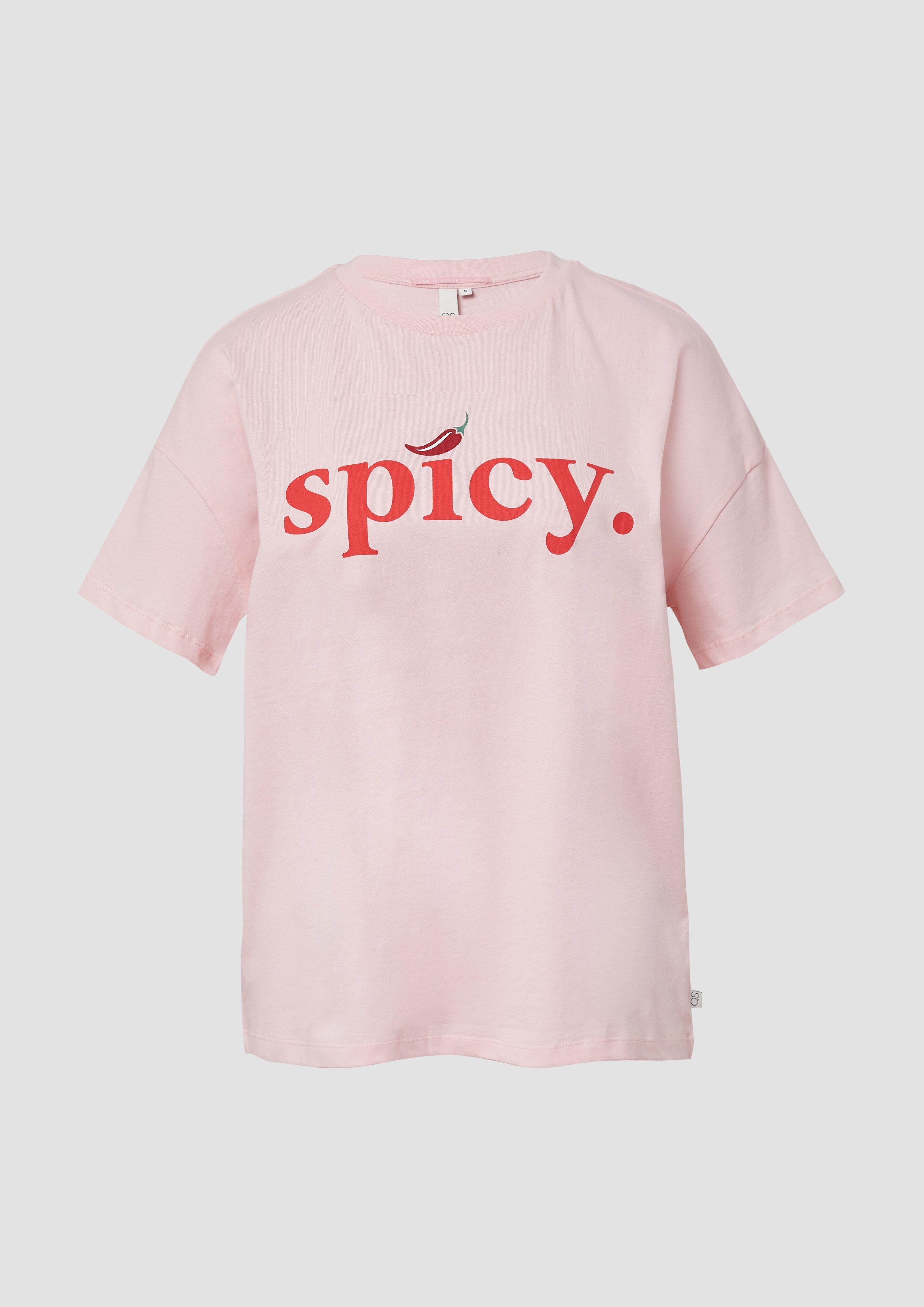 QS - Baumwollshirt mit überschnittener Schulter und Frontprint, Damen, Rosa