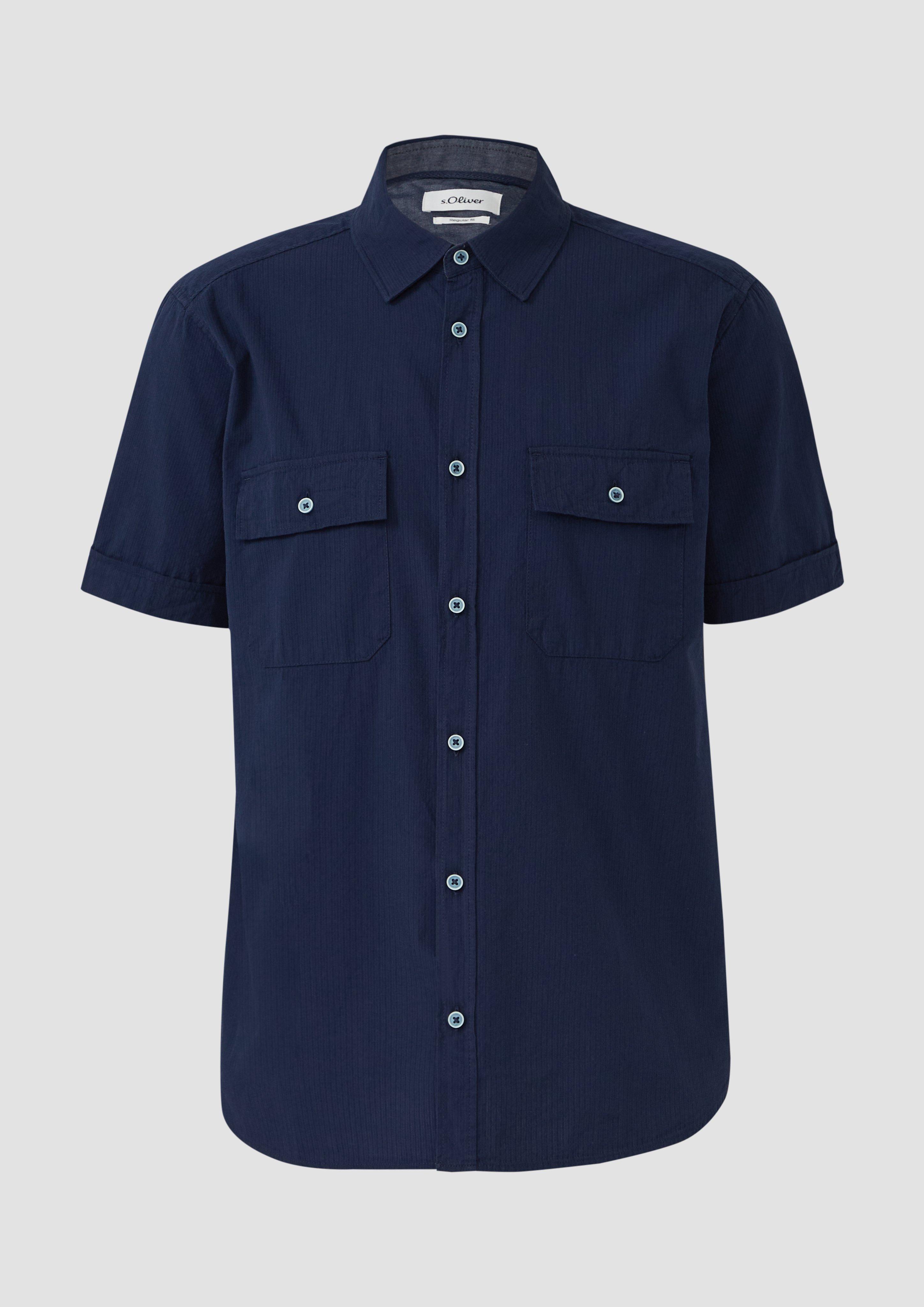 s.Oliver - Regular Fit: Kurzarmhemd mit Strukturstreifen und Kentkragen, Herren, blau