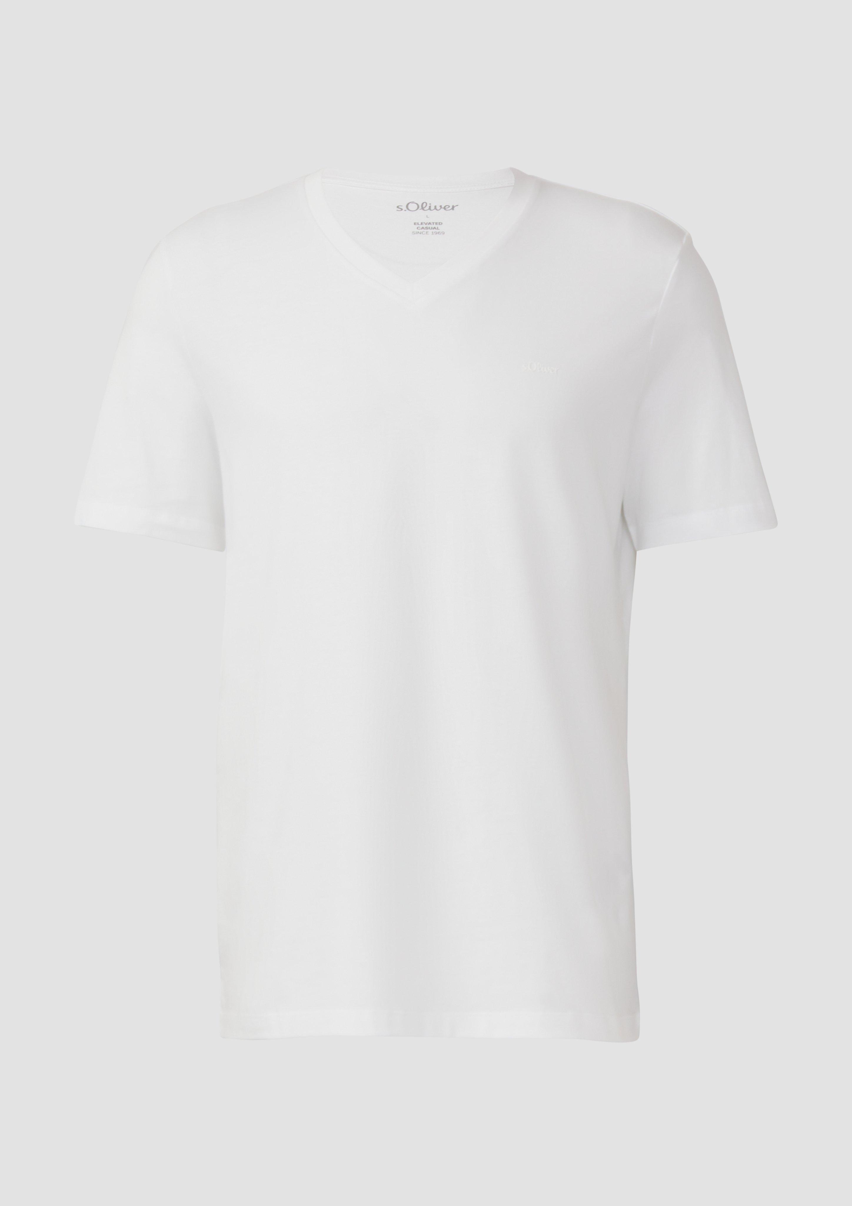 s.Oliver - Jersey-T-Shirt mit V-Ausschnitt und Logo, Herren, weiß
