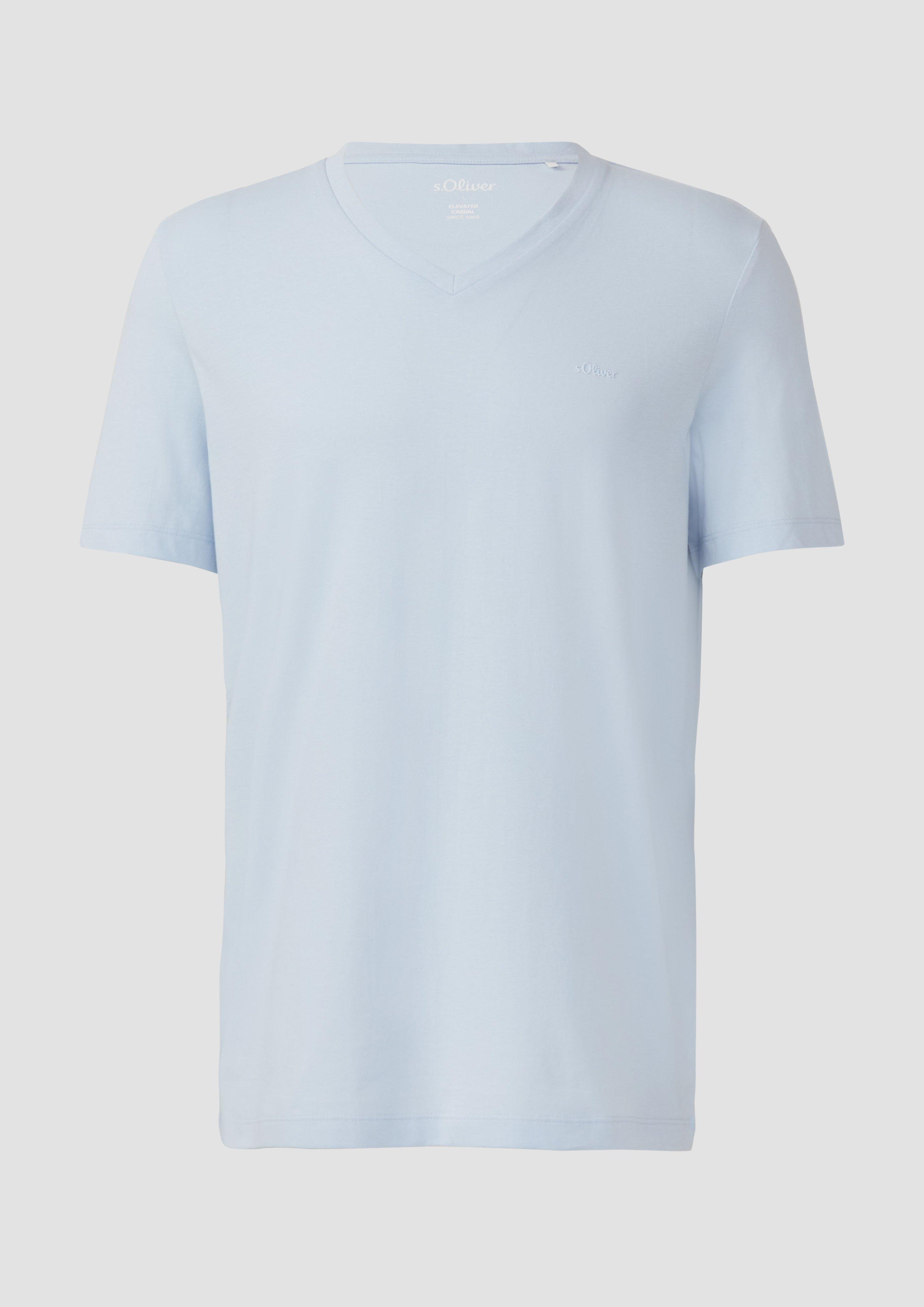 s.Oliver - Jersey-T-Shirt mit V-Ausschnitt und Logo, Herren, blau
