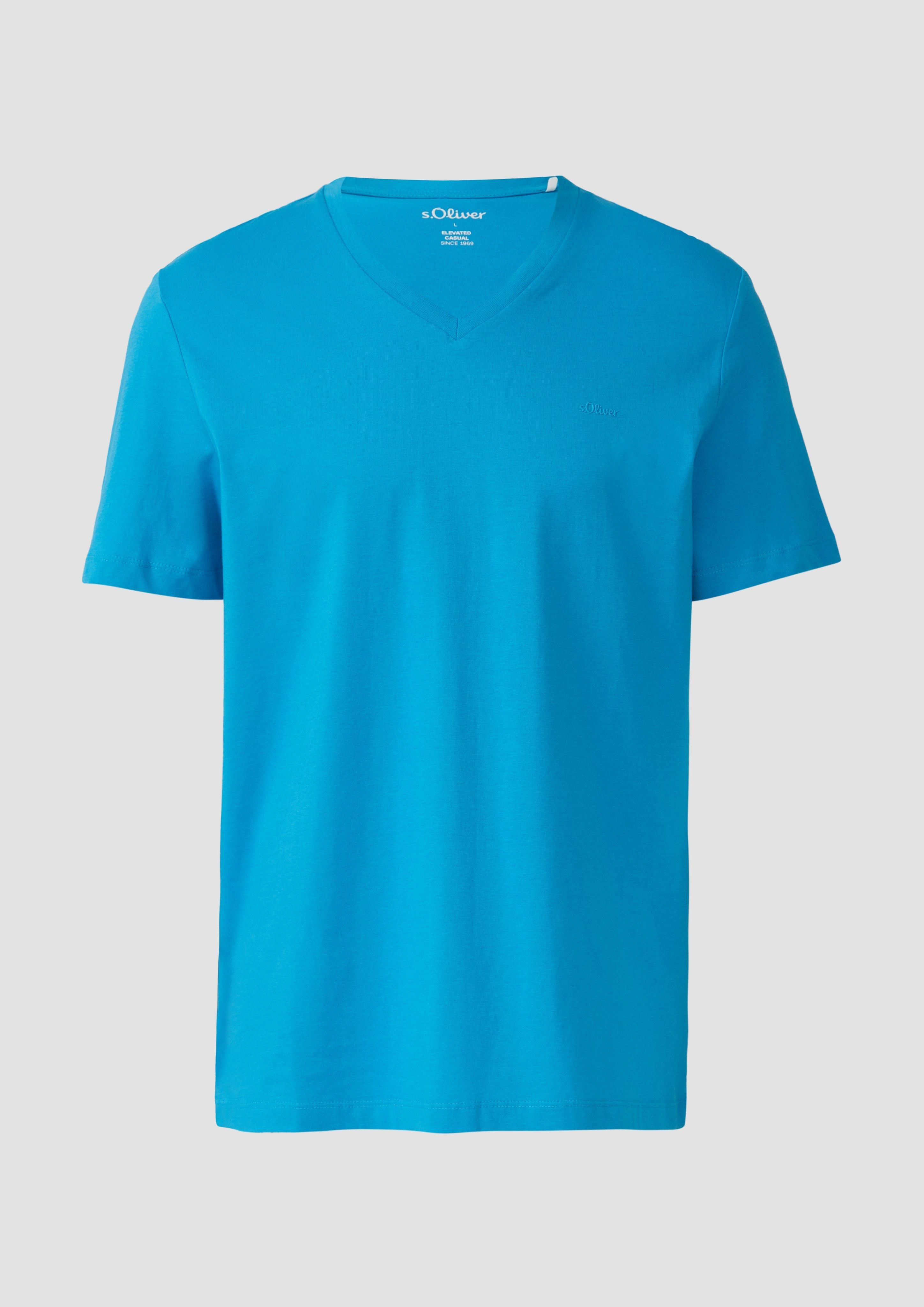 s.Oliver - Jersey-T-Shirt mit V-Ausschnitt und Logo, Herren, türkis
