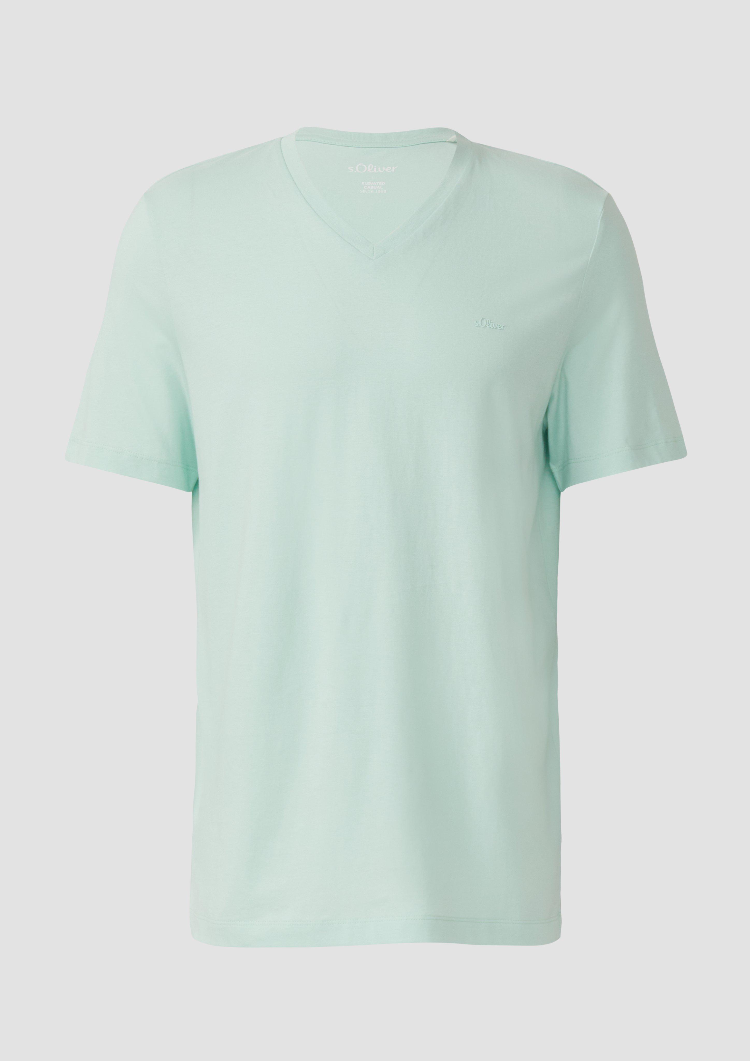 s.Oliver - Jersey-T-Shirt mit V-Ausschnitt und Logo, Herren, türkis