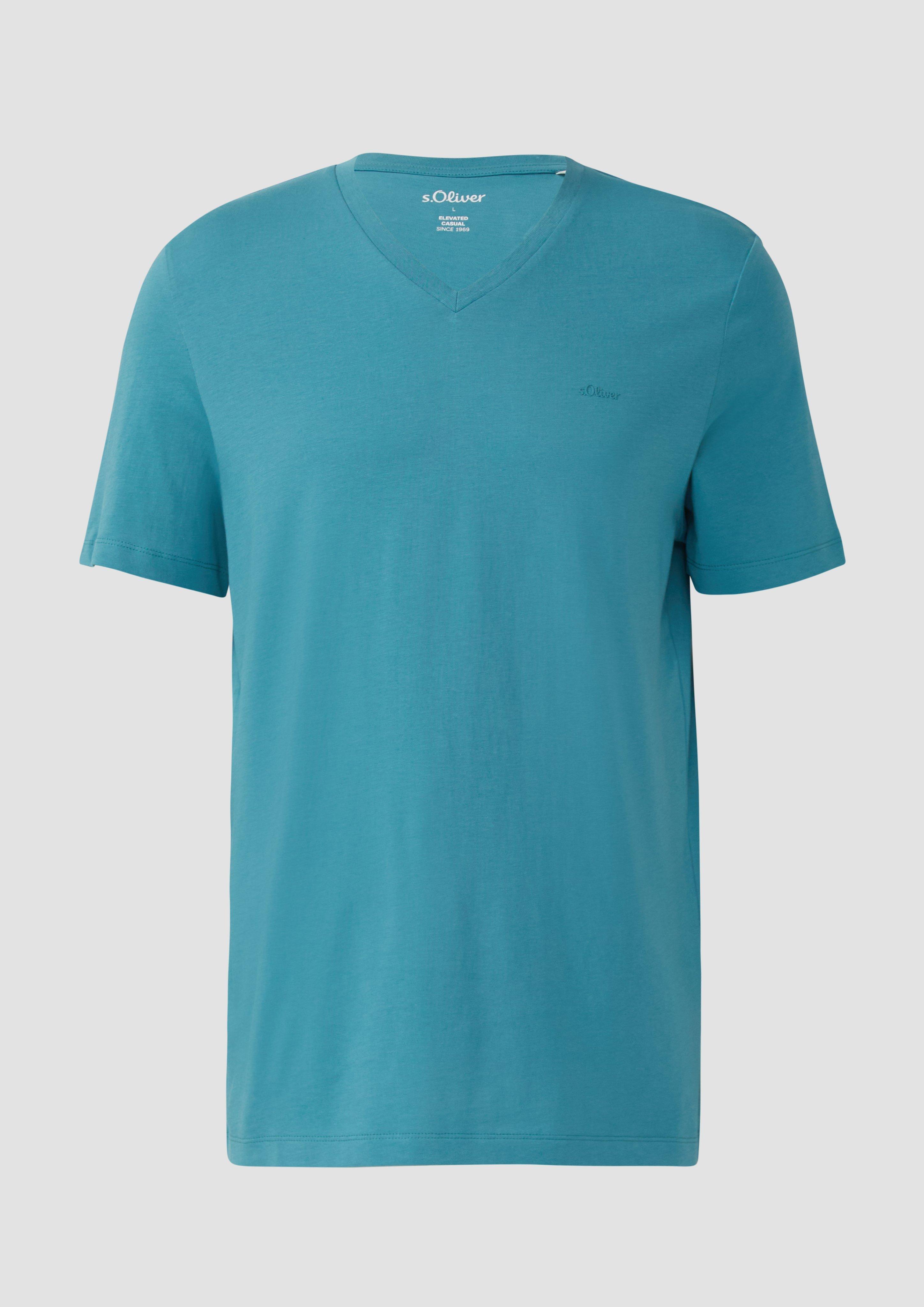 s.Oliver - Jersey-T-Shirt mit V-Ausschnitt und Logo, Herren, Blau