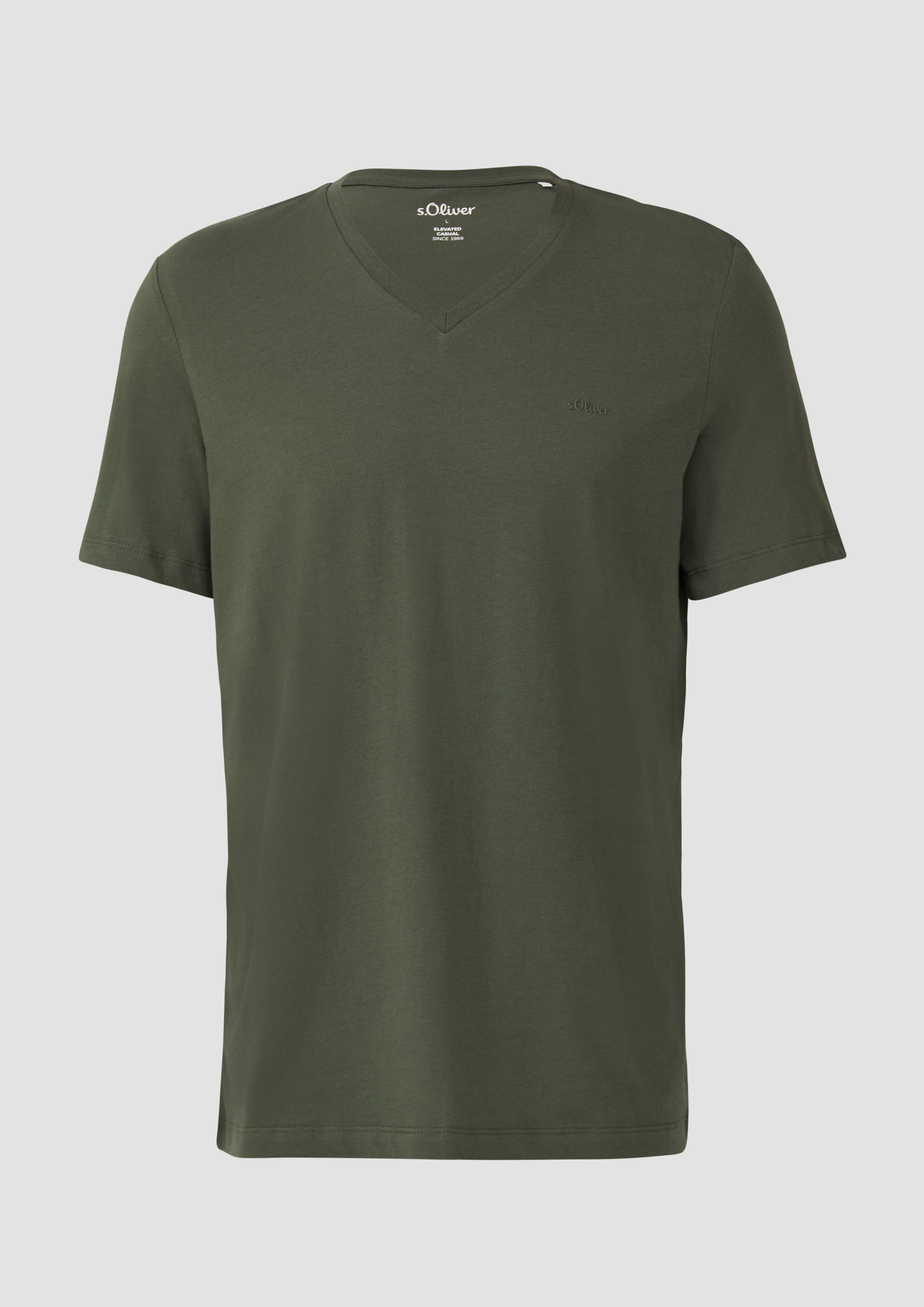 s.Oliver - Jersey-T-Shirt mit V-Ausschnitt und Logo, Herren, Grün