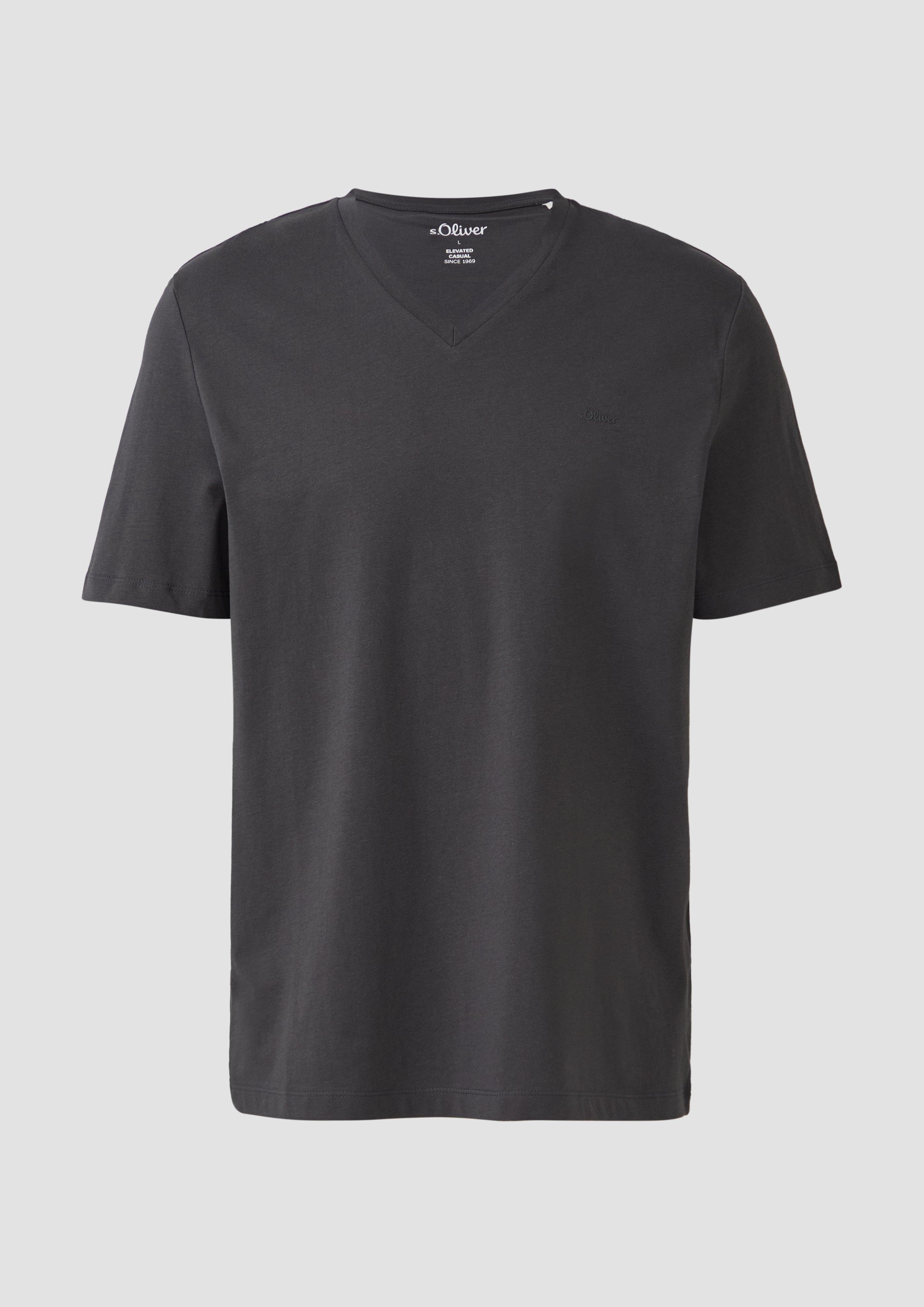 s.Oliver - Jersey-T-Shirt mit V-Ausschnitt und Logo, Herren, grau