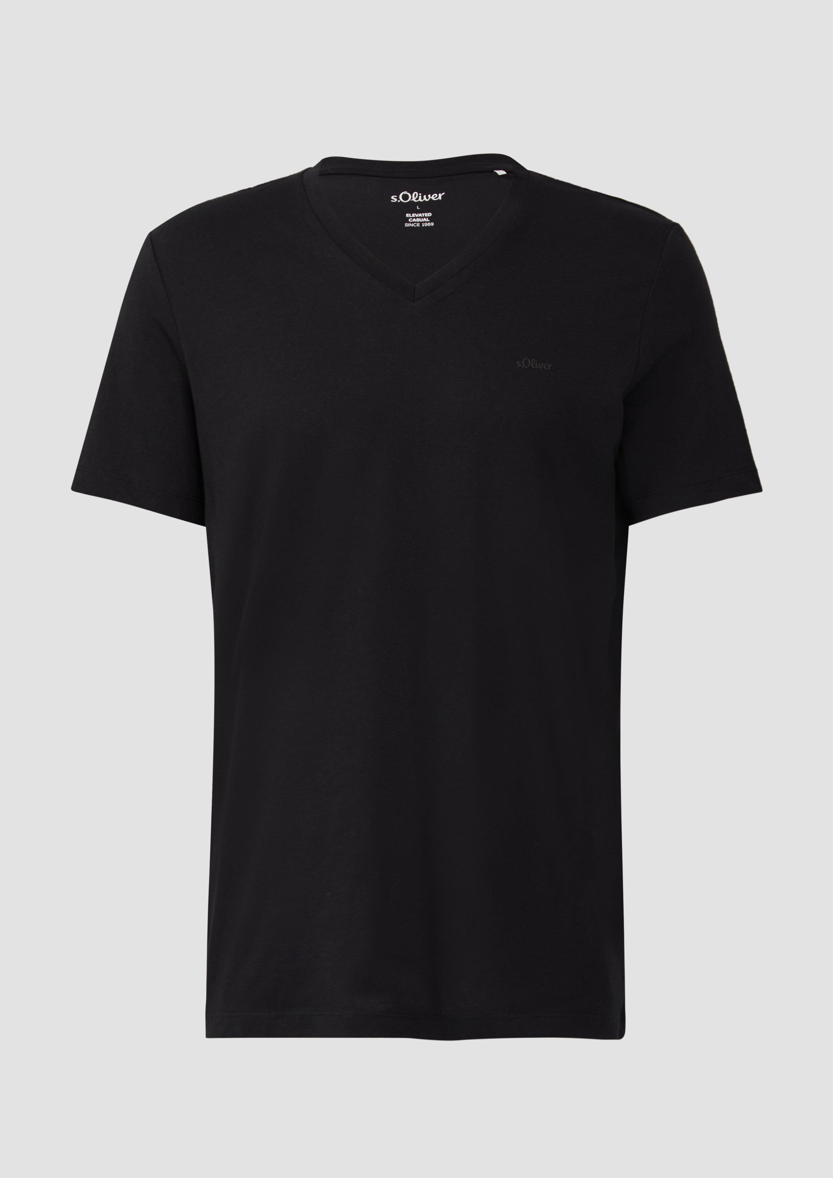 s.Oliver - Jersey-T-Shirt mit V-Ausschnitt und Logo, Herren, schwarz
