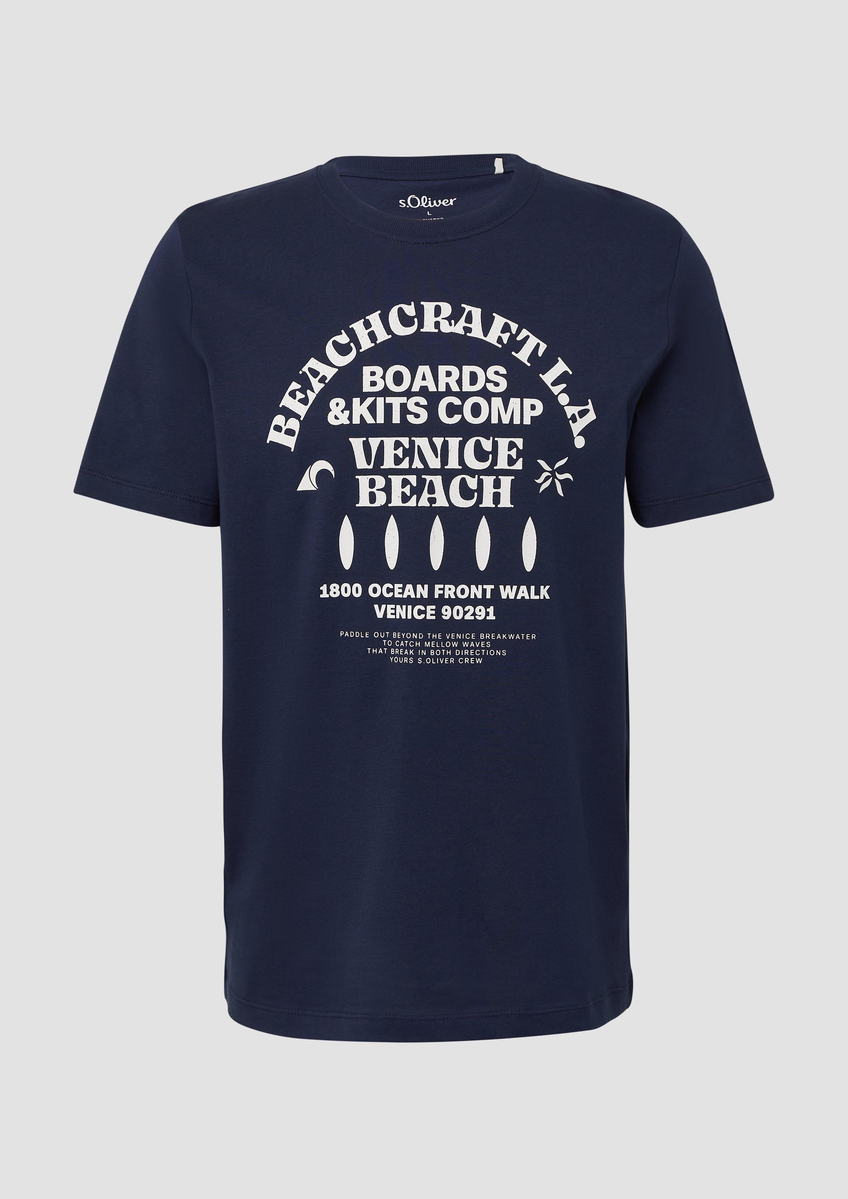 s.Oliver - Baumwoll-T-Shirt mit Crewneck und Artwork, Herren, blau