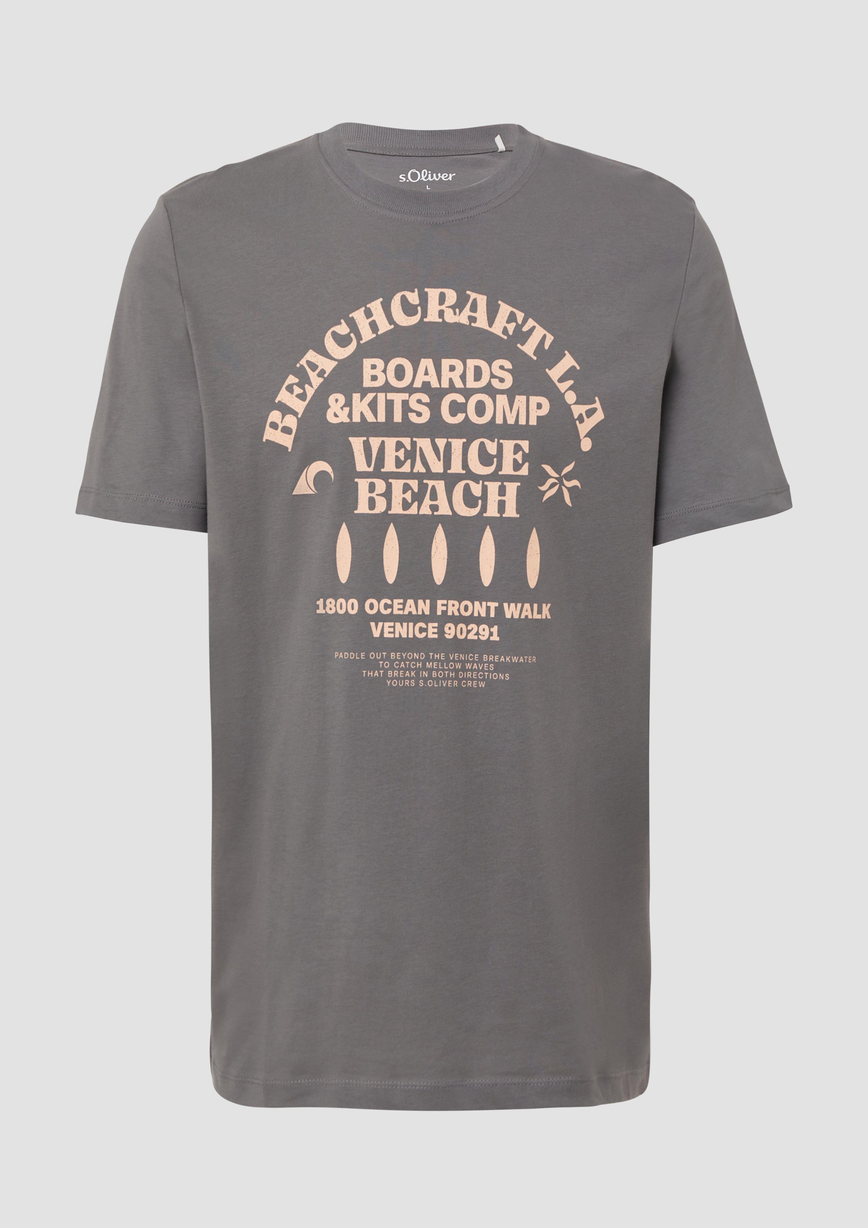 s.Oliver - Baumwoll-T-Shirt mit Crewneck und Artwork, Herren, grau