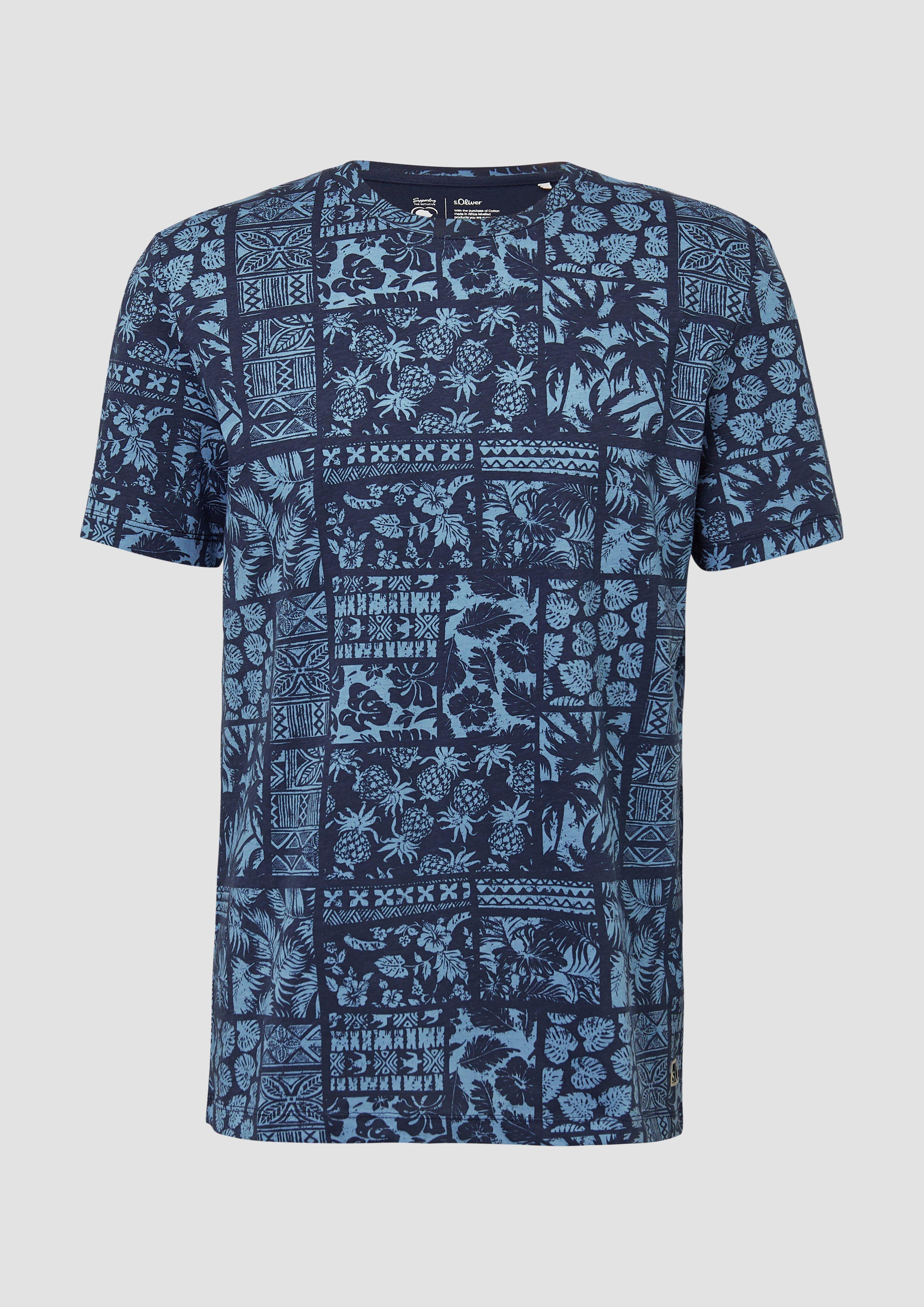 s.Oliver - Baumwoll-T-Shirt mit All-over-Print, Herren, blau