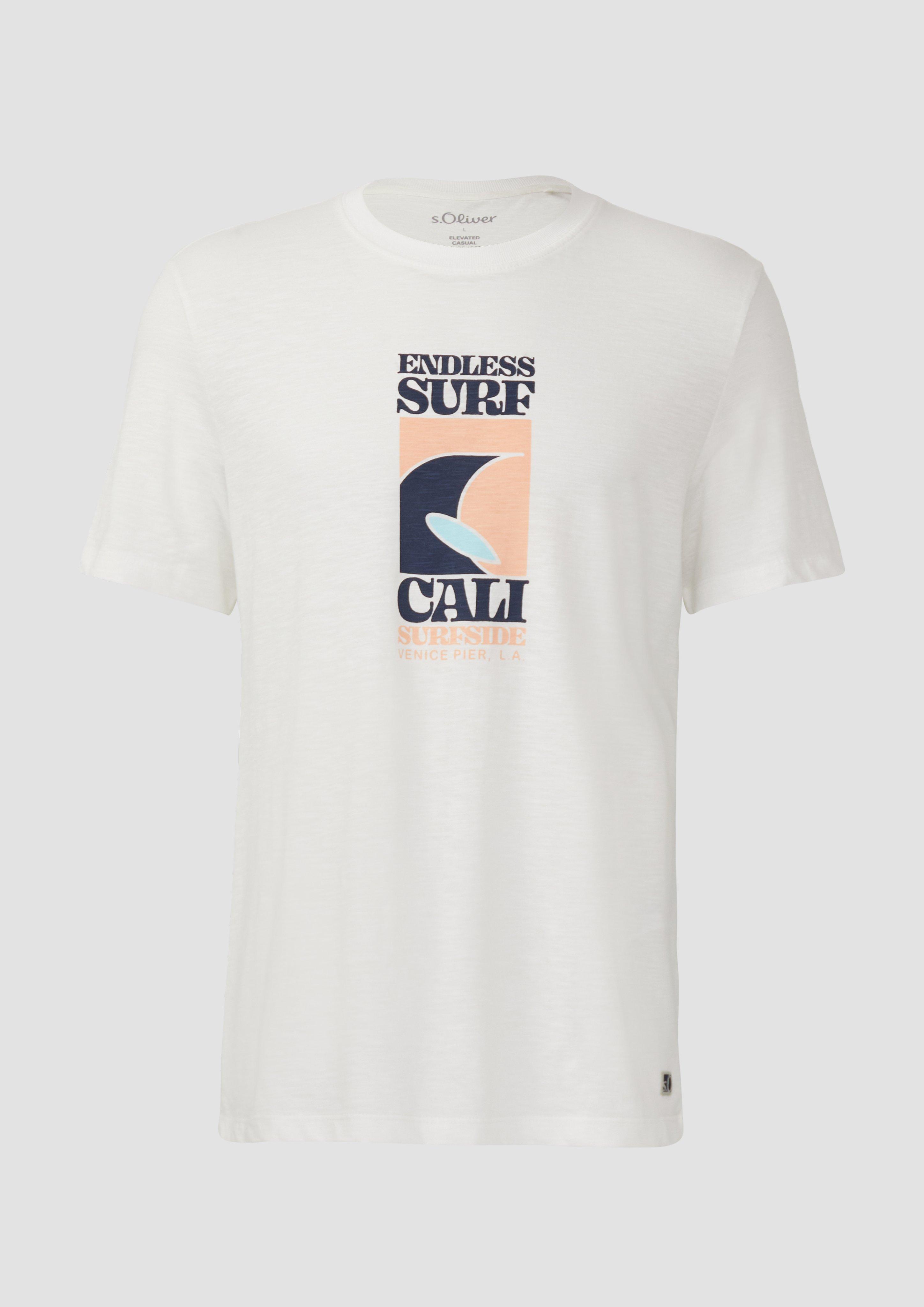 s.Oliver - Baumwoll-T-Shirt mit Frontprint und Flammgarnstruktur, Herren, weiß