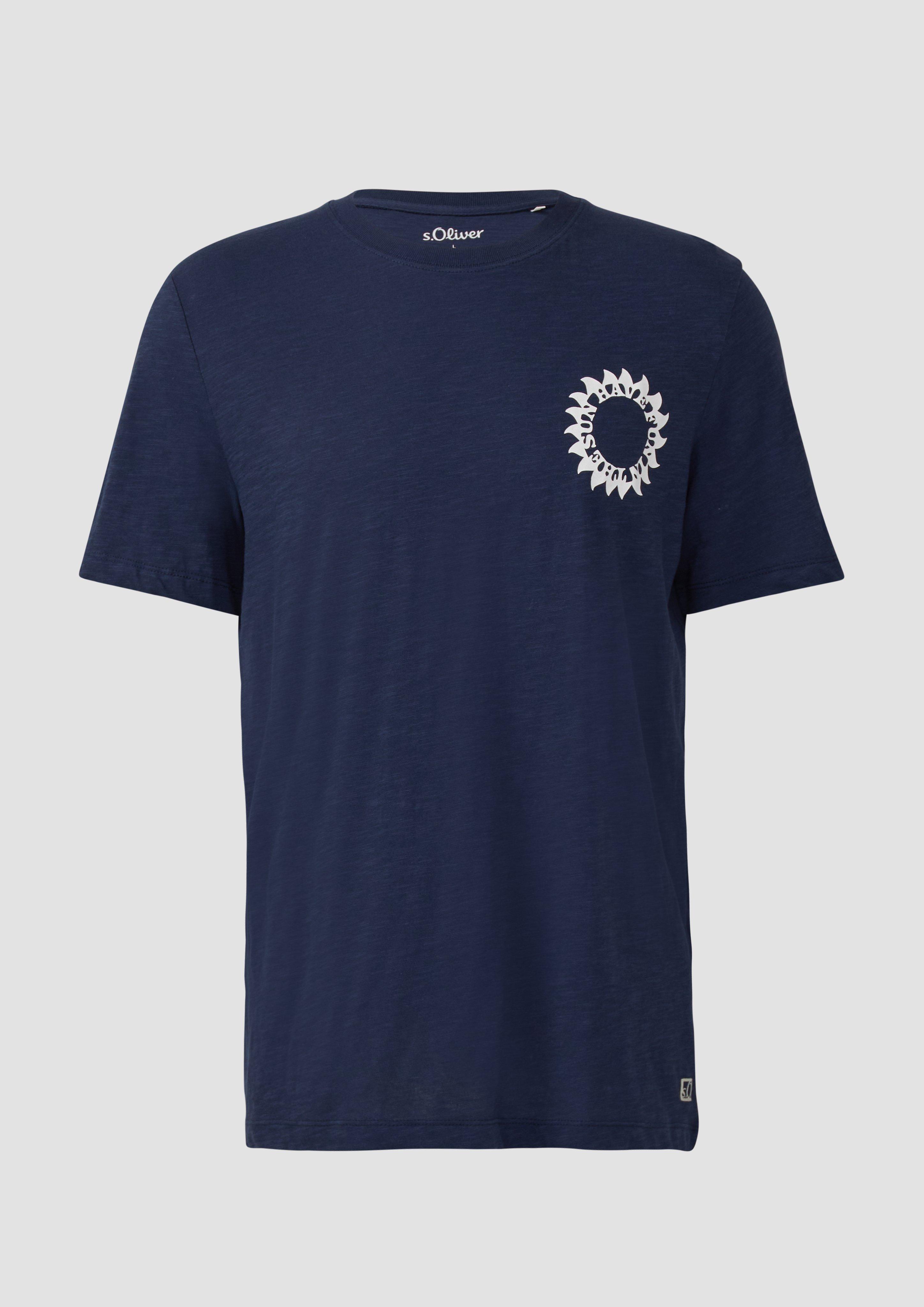 Thumbnail - s.Oliver - Baumwoll-T-Shirt mit Frontprint und Flammgarnstruktur, Herren, blau