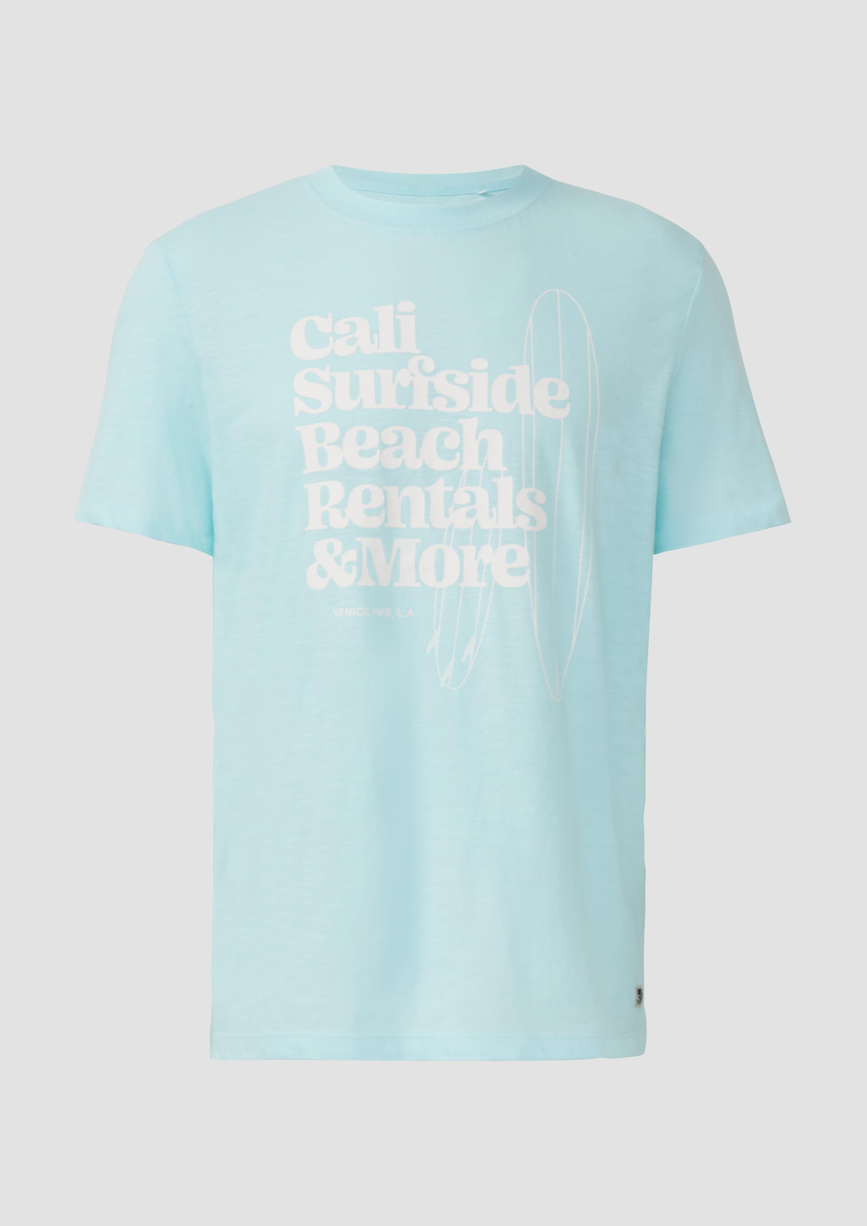 s.Oliver - Baumwoll-T-Shirt mit Frontprint und Flammgarnstruktur, Herren, türkis