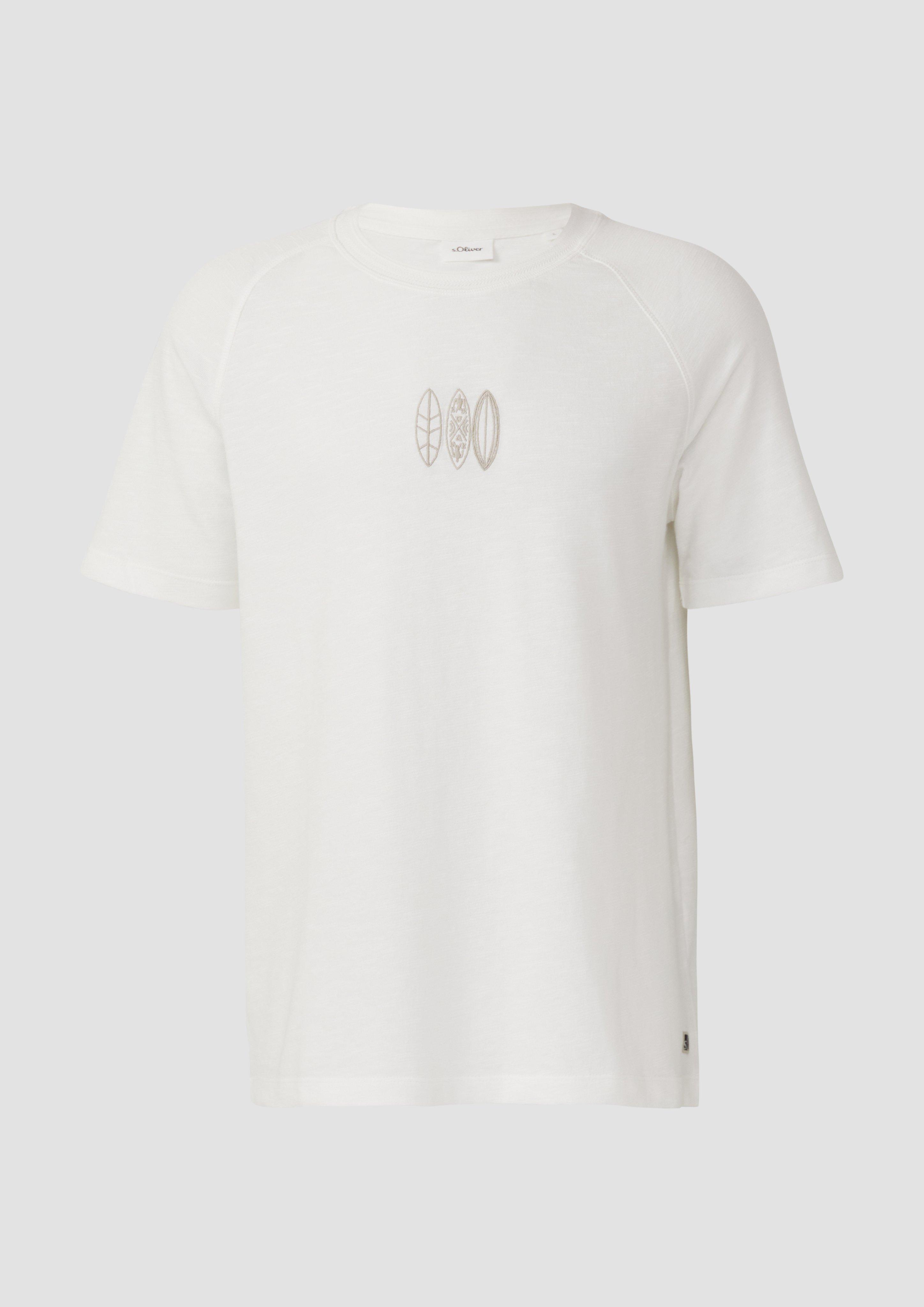 s.Oliver - Raglan-T-Shirt mit Flammgarnstruktur und Stickerei, Herren, weiß