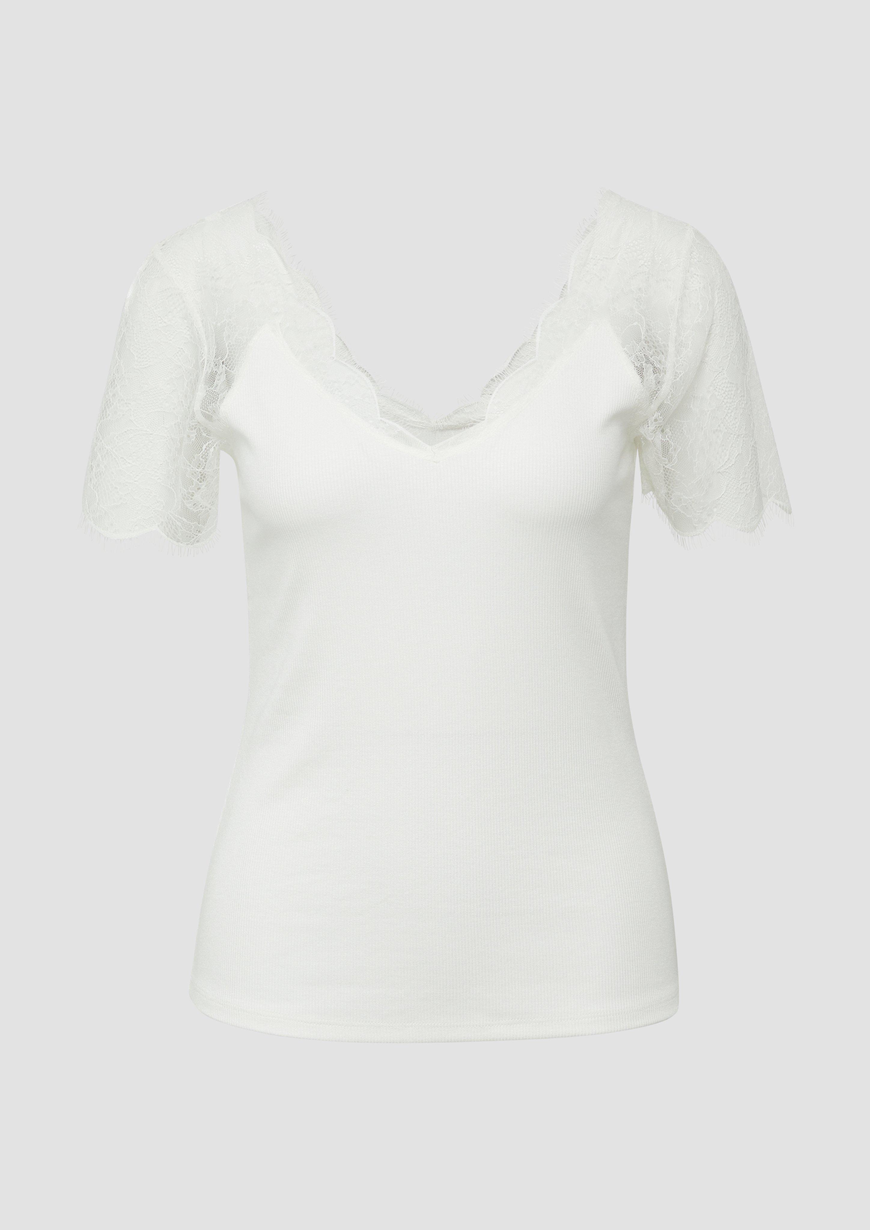 s.Oliver - Feminines Ripp-Shirt im Slim Fit mit Spitze, Damen, creme