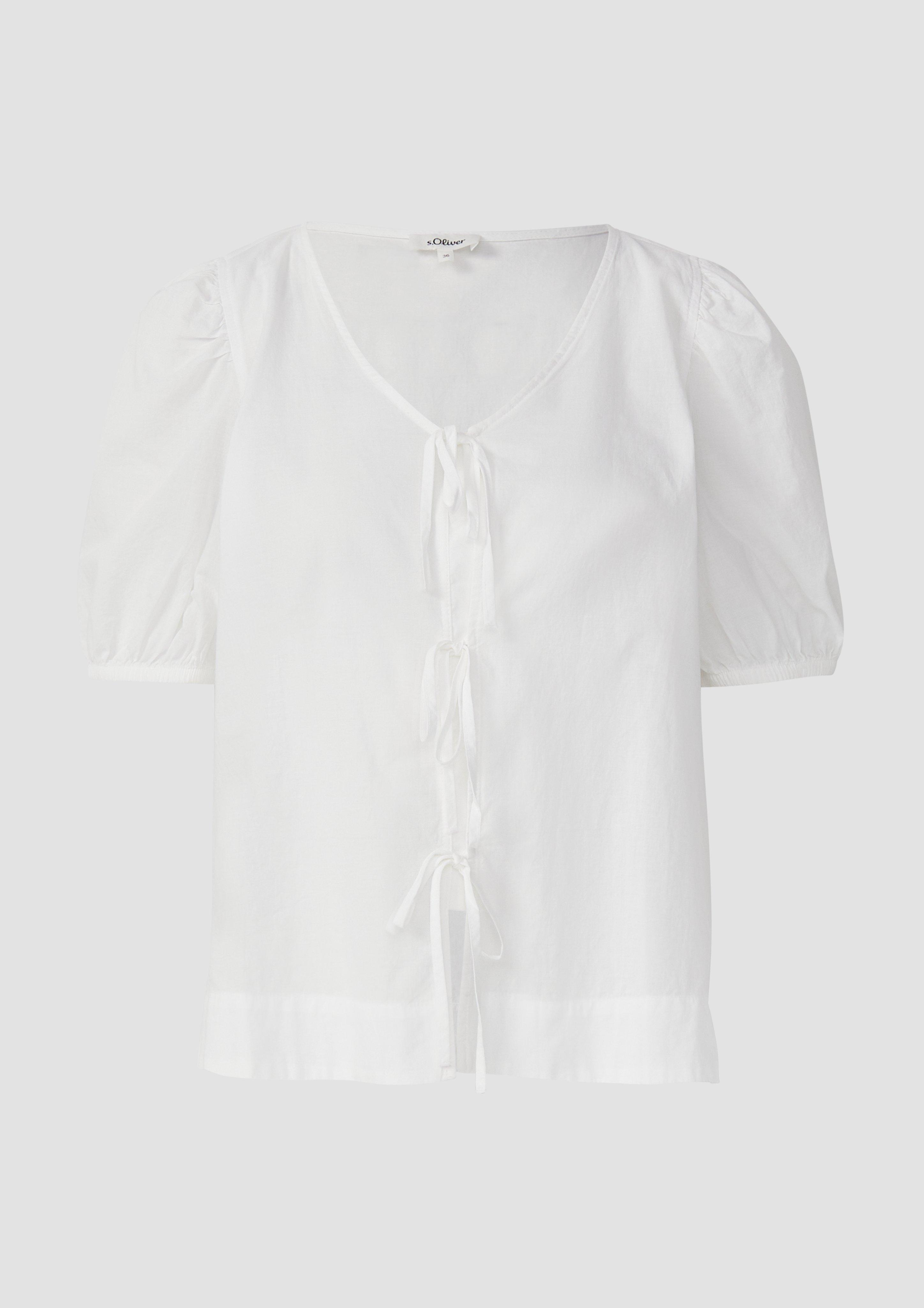 s.Oliver - Baumwollbluse mit V-Ausschnitt und Puffärmeln, Damen, weiß