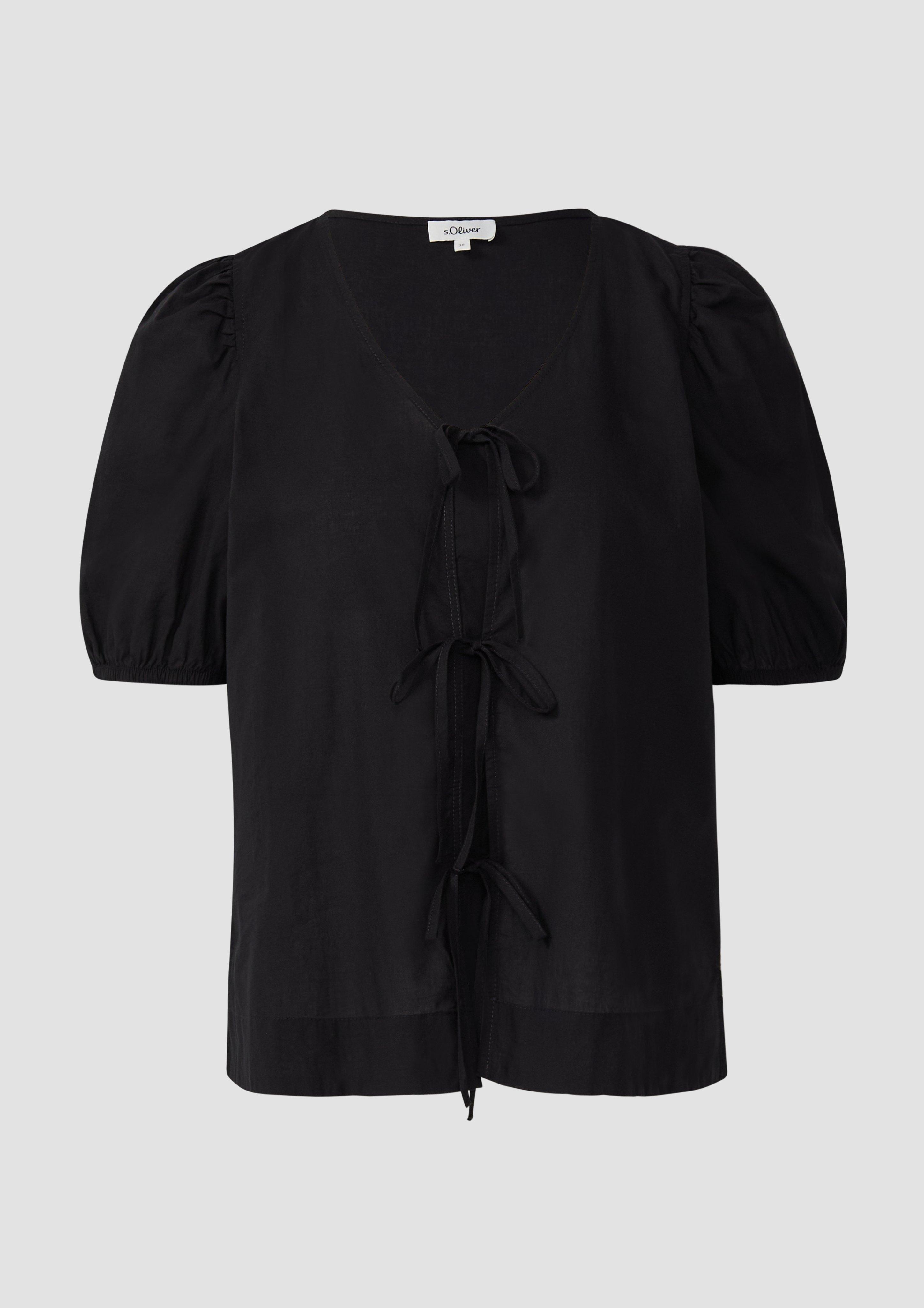 Thumbnail - s.Oliver - Baumwollbluse mit V-Ausschnitt und Puffärmeln, Damen, schwarz