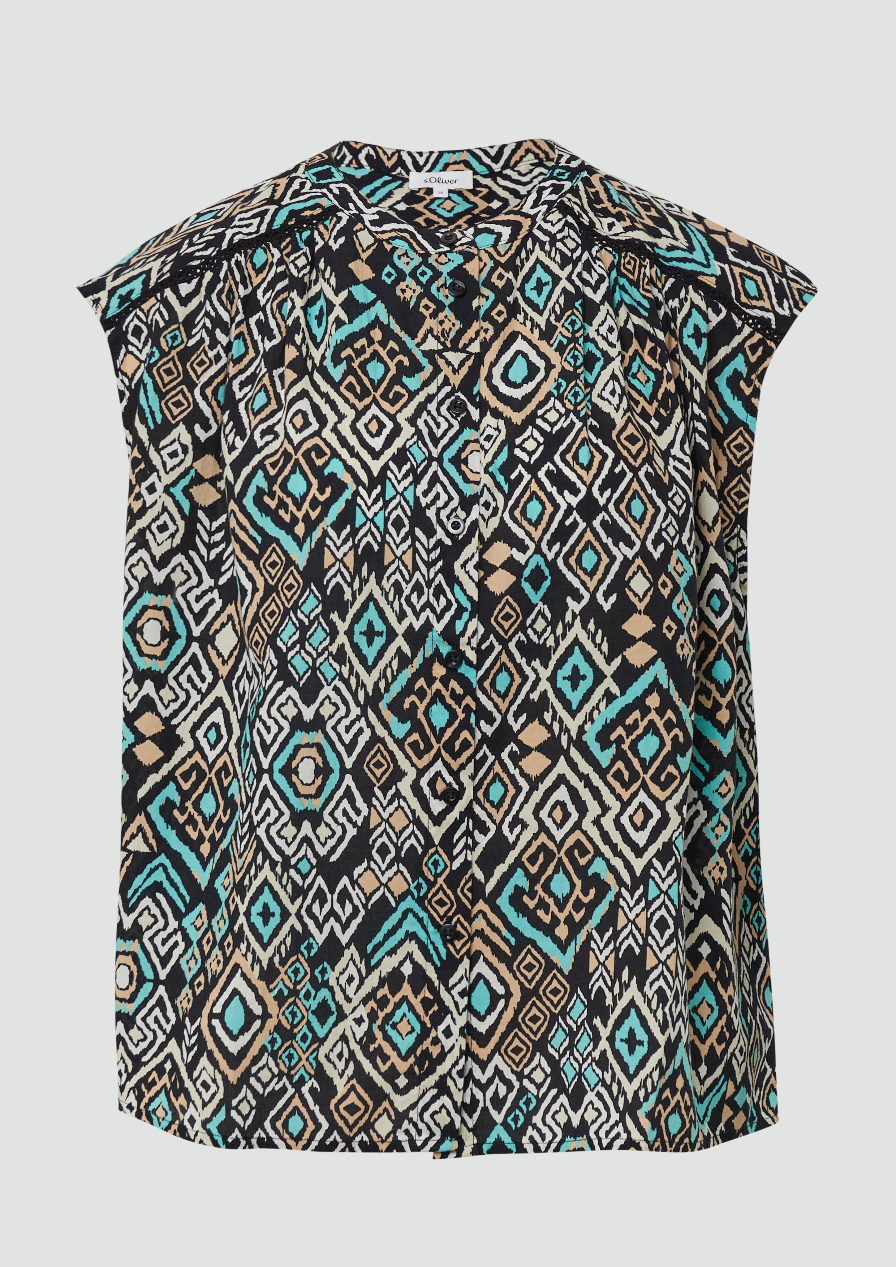 s.Oliver - Blusentop mit Raffung und Spitzen-Detail, Damen, schwarz|mehrfarbig