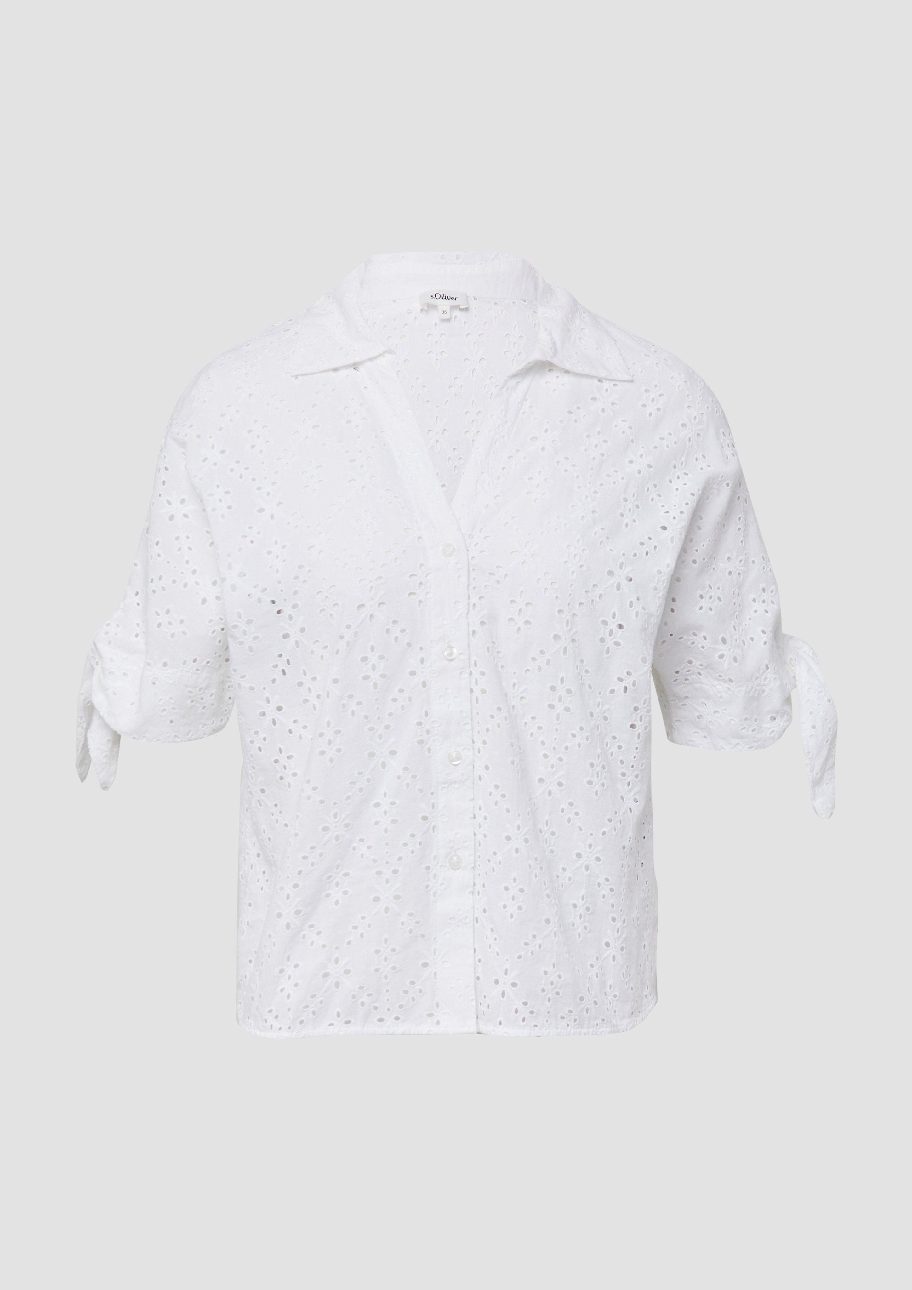 s.Oliver - Lockere Bluse mit Lochstickerei und Knotendetail, Damen, weiß