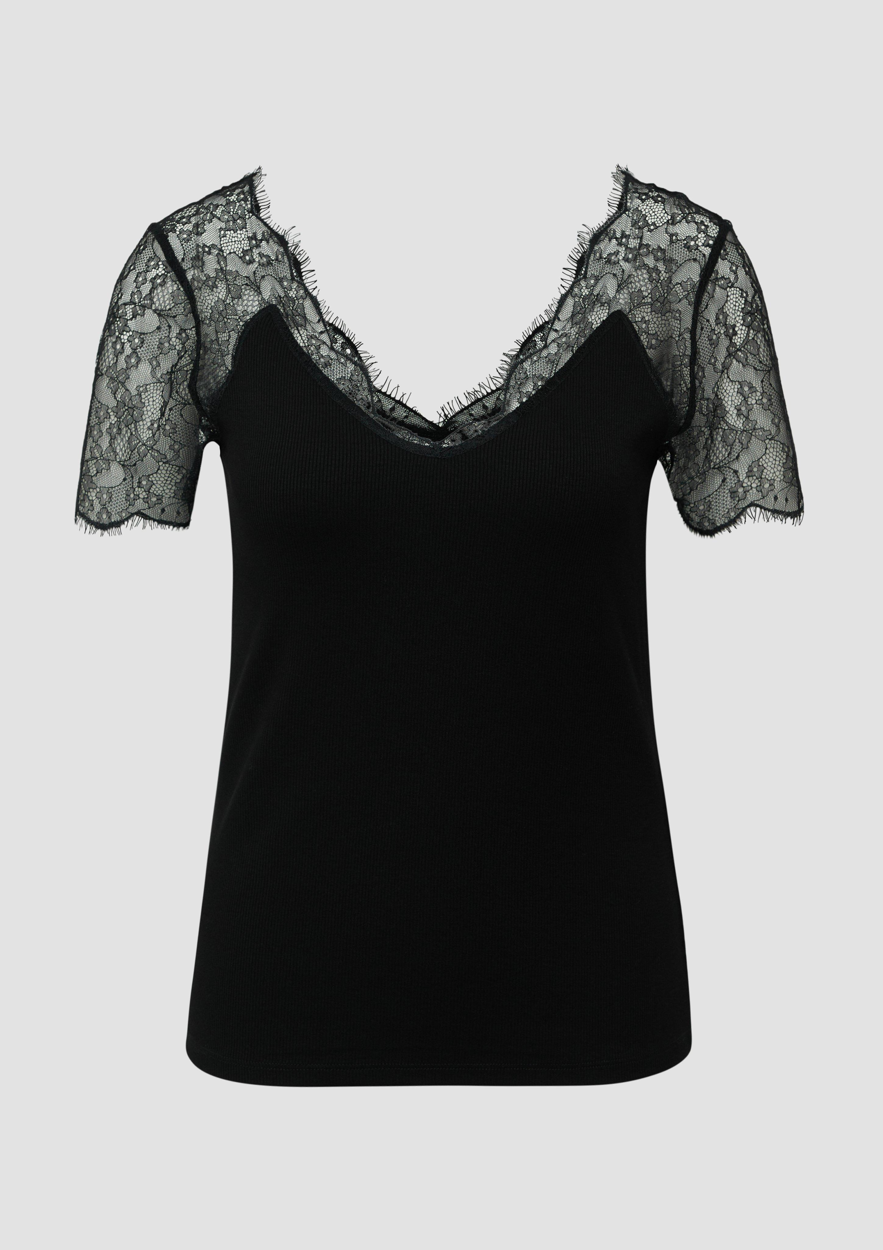 s.Oliver - Elegantes T-Shirt im Slim Fit mit Spitze, Damen, schwarz