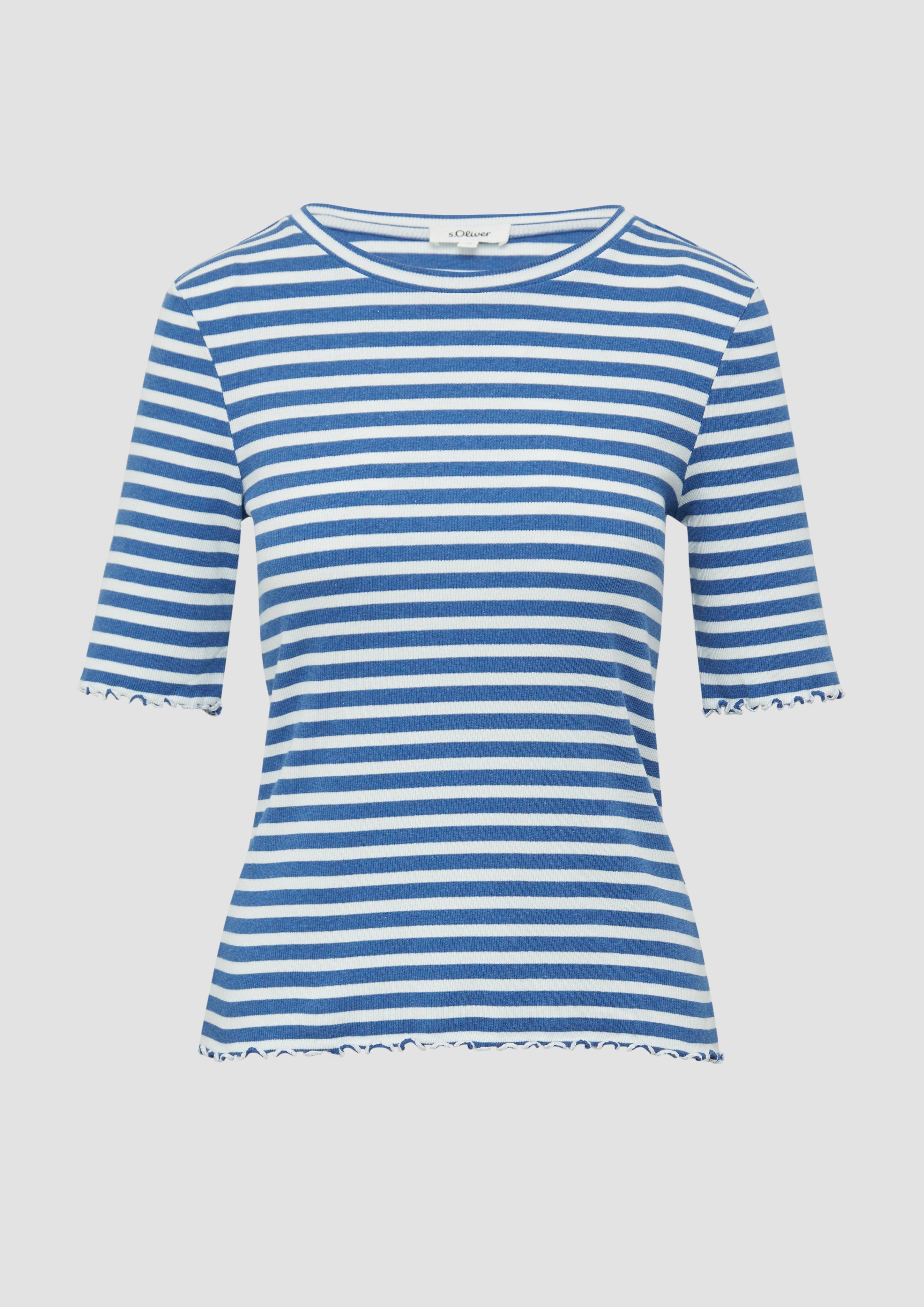 s.Oliver - Geripptes T-Shirt mit Ziersaum, Damen, blau|weiß