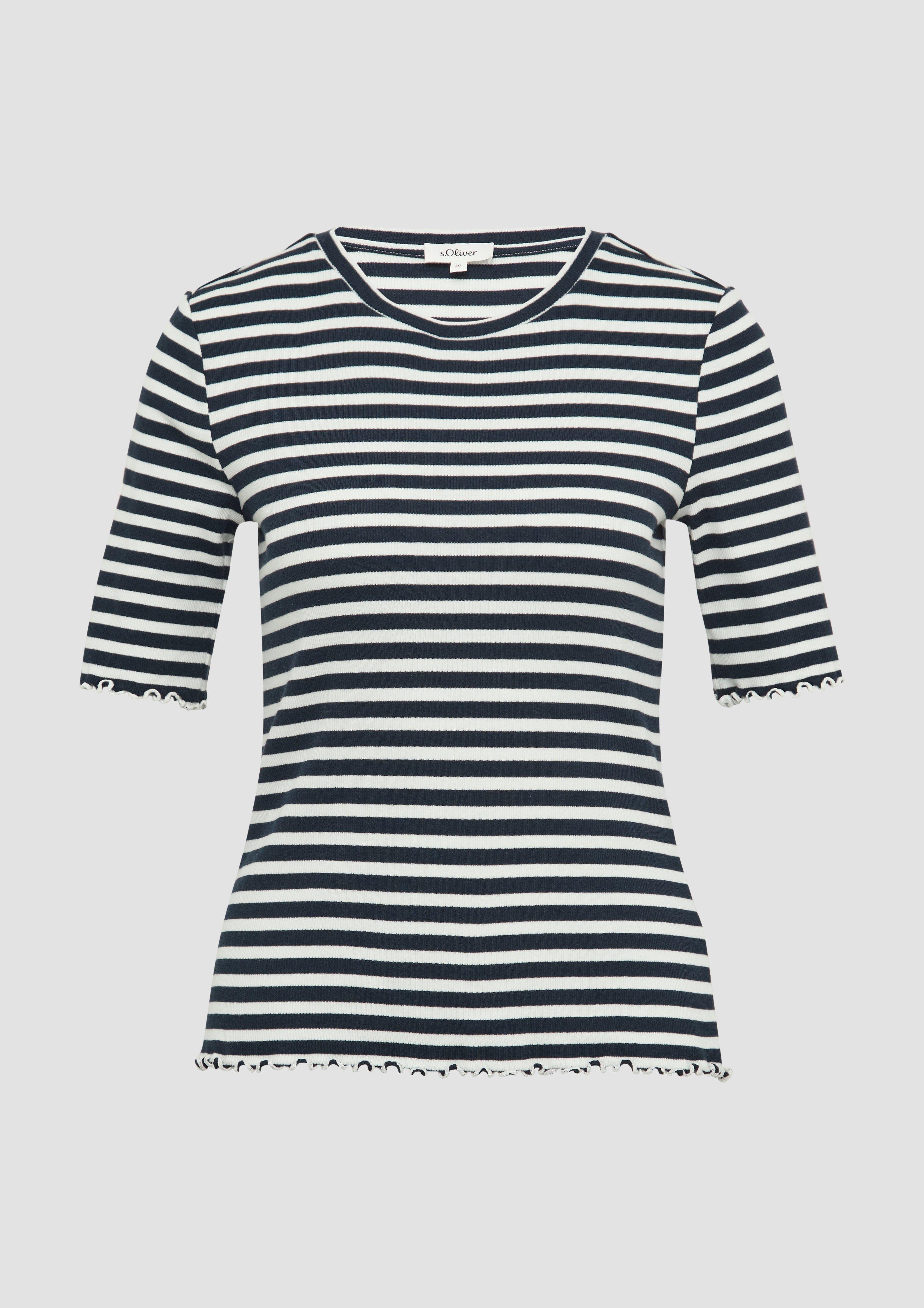 s.Oliver - Geripptes T-Shirt mit Ziersaum, Damen, blau|weiß